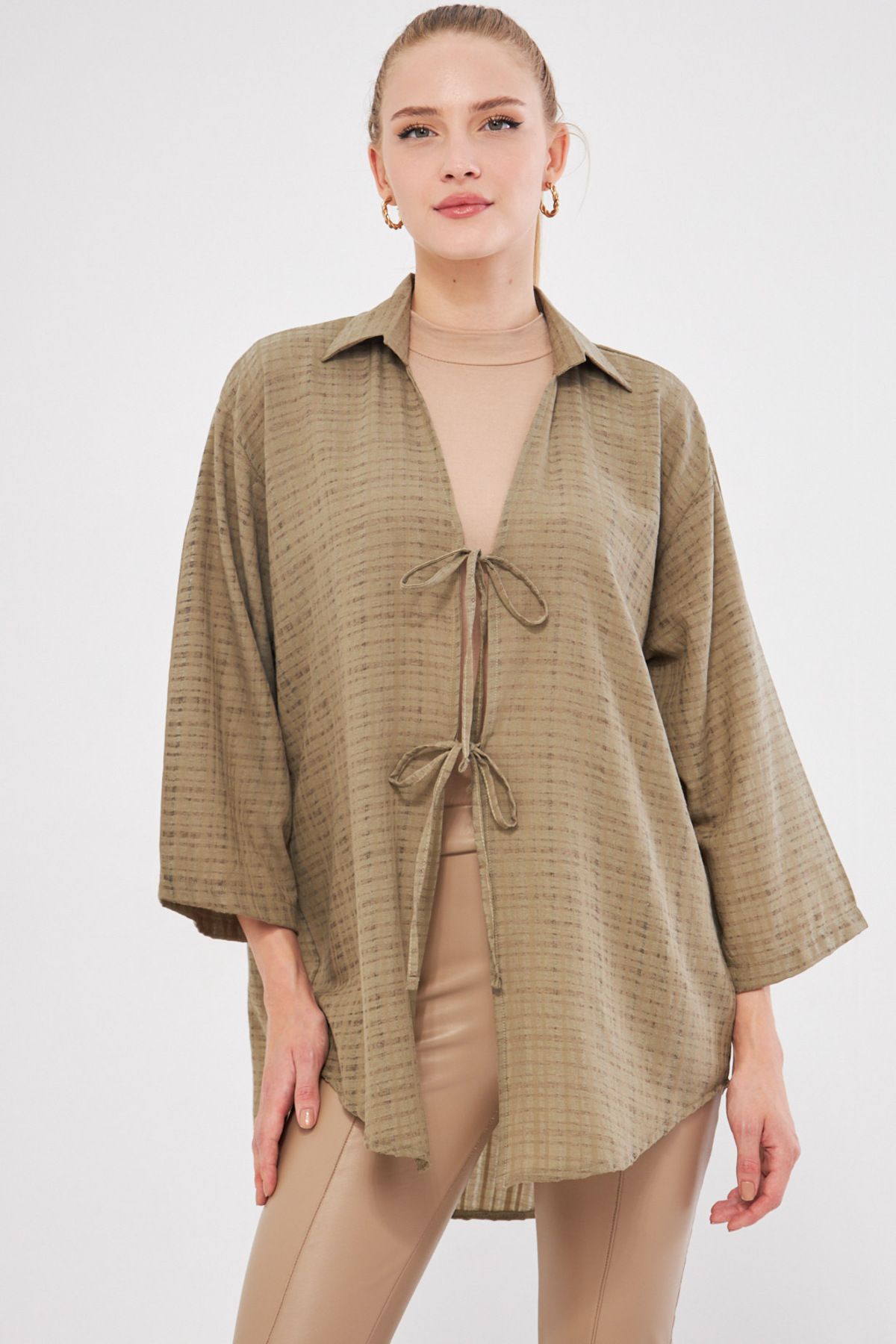 armonika-Khaki Color Kimono Shirt - Collared and Front Lace-Up, Arm-25K 001006 1