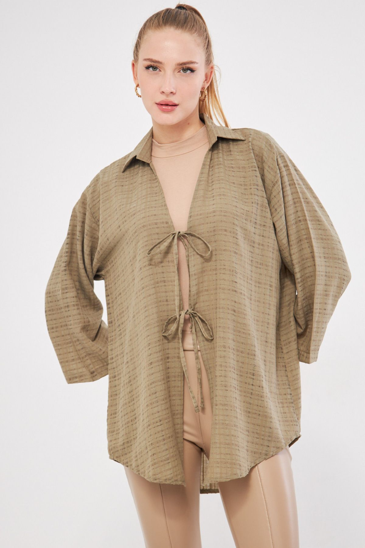 armonika-Khaki Color Kimono Shirt - Collared and Front Lace-Up, Arm-25K 001006 3