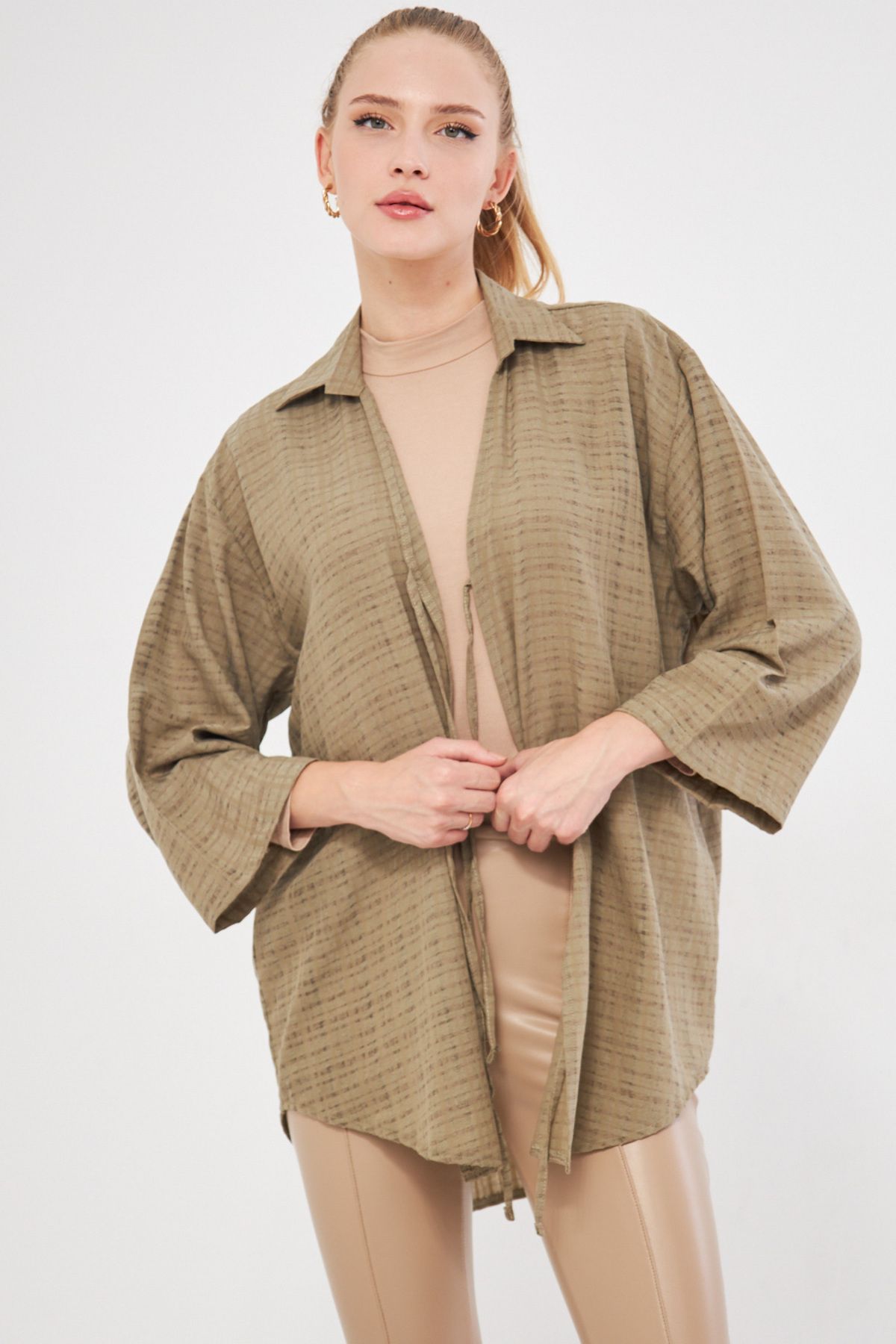 armonika-Khaki Color Kimono Shirt - Collared and Front Lace-Up, Arm-25K 001006 4