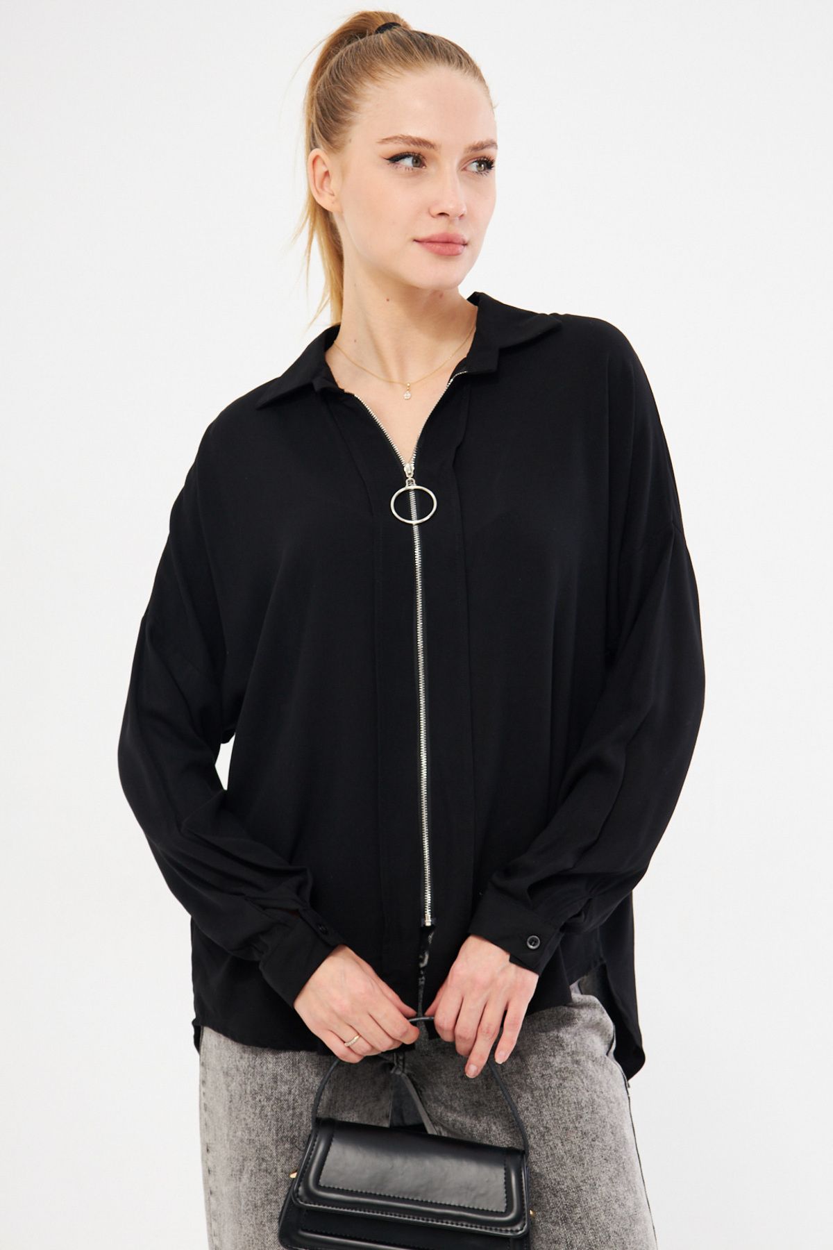 armonika-Women's Black Front Zippered Casual Shirt ARM-21K024090 3