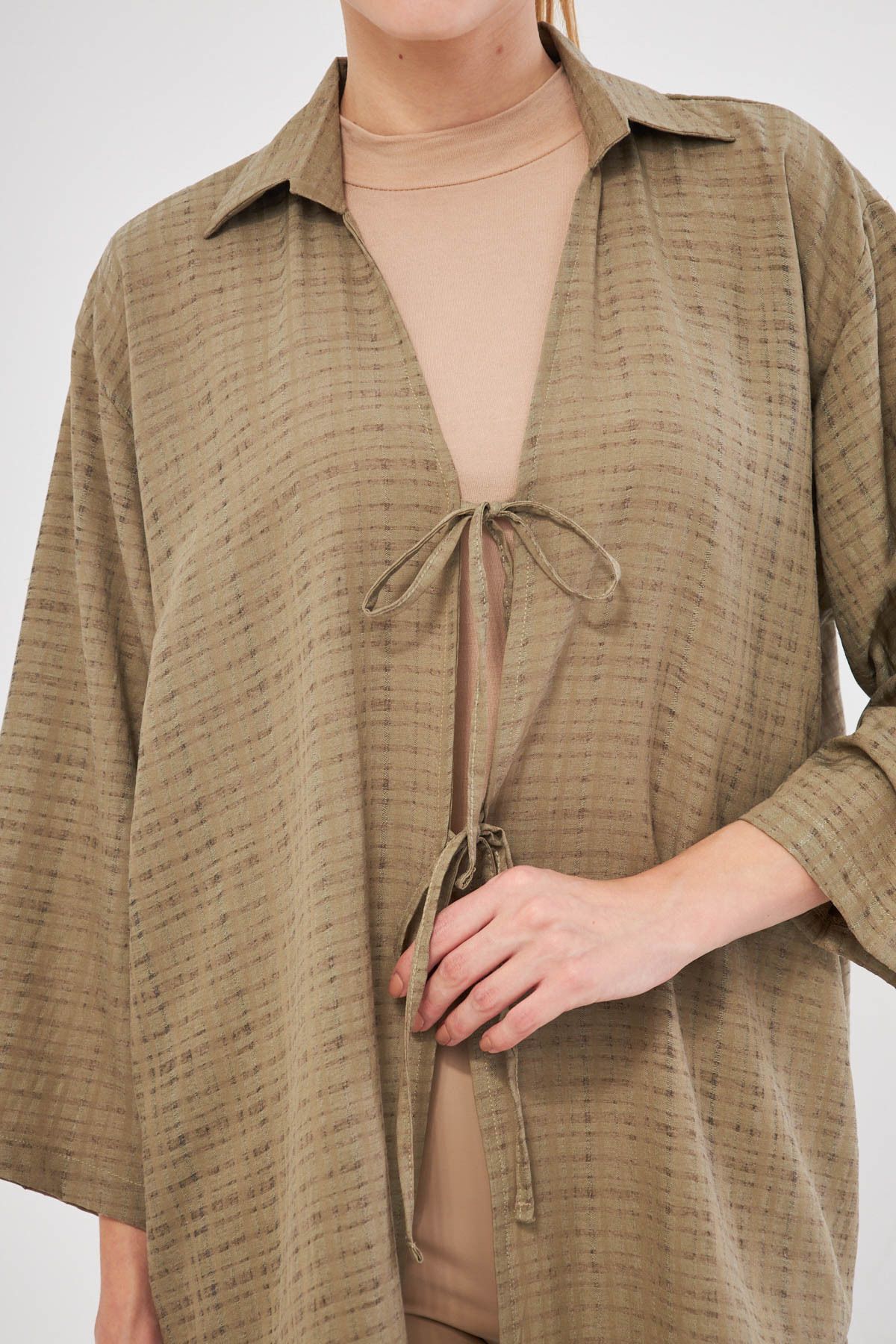 armonika-Khaki Color Kimono Shirt - Collared and Front Lace-Up, Arm-25K 001006 2