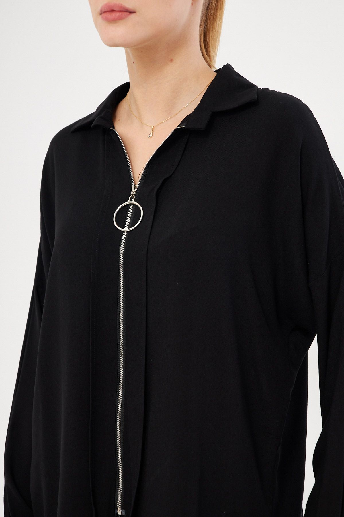 armonika-Women's Black Front Zippered Casual Shirt ARM-21K024090 2