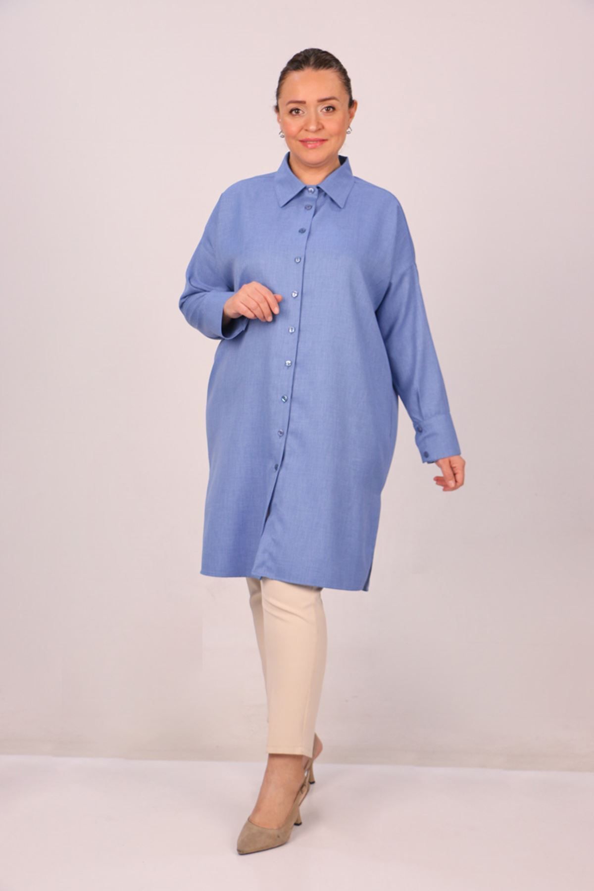 Eslina-48026 Plus Size Indigo Shirt - Low Sleeve and Woven Fabric 1