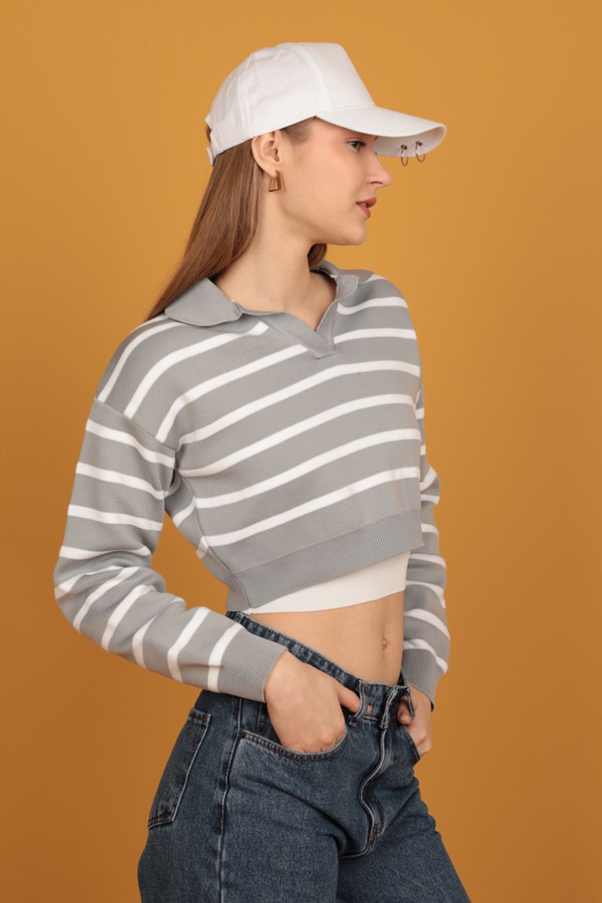 PİNK STAR Gömlek Yaka Triko Çizgili Crop-Gri