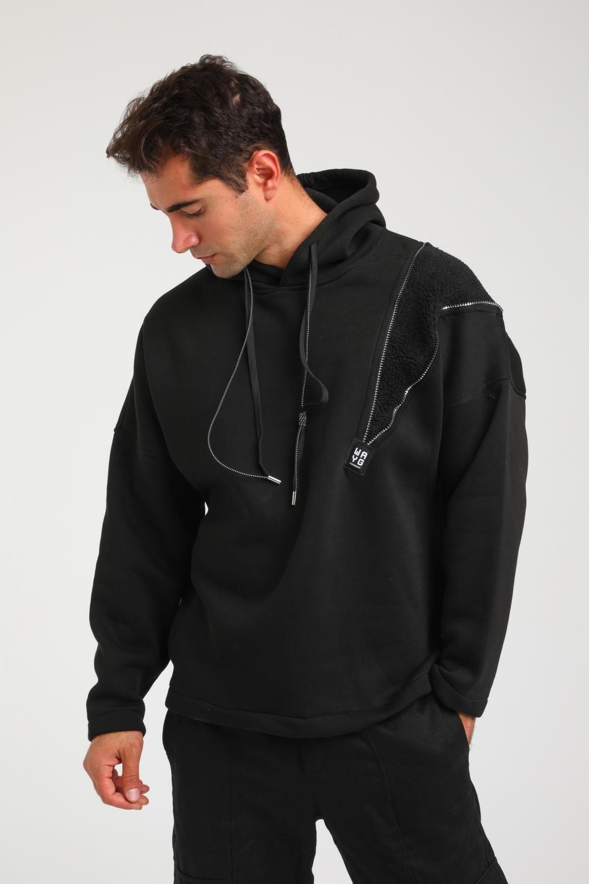 Rocqerx-R-5749 Hooded Plush Garni Zipper Detailed Three String Ribbed Sweat 3