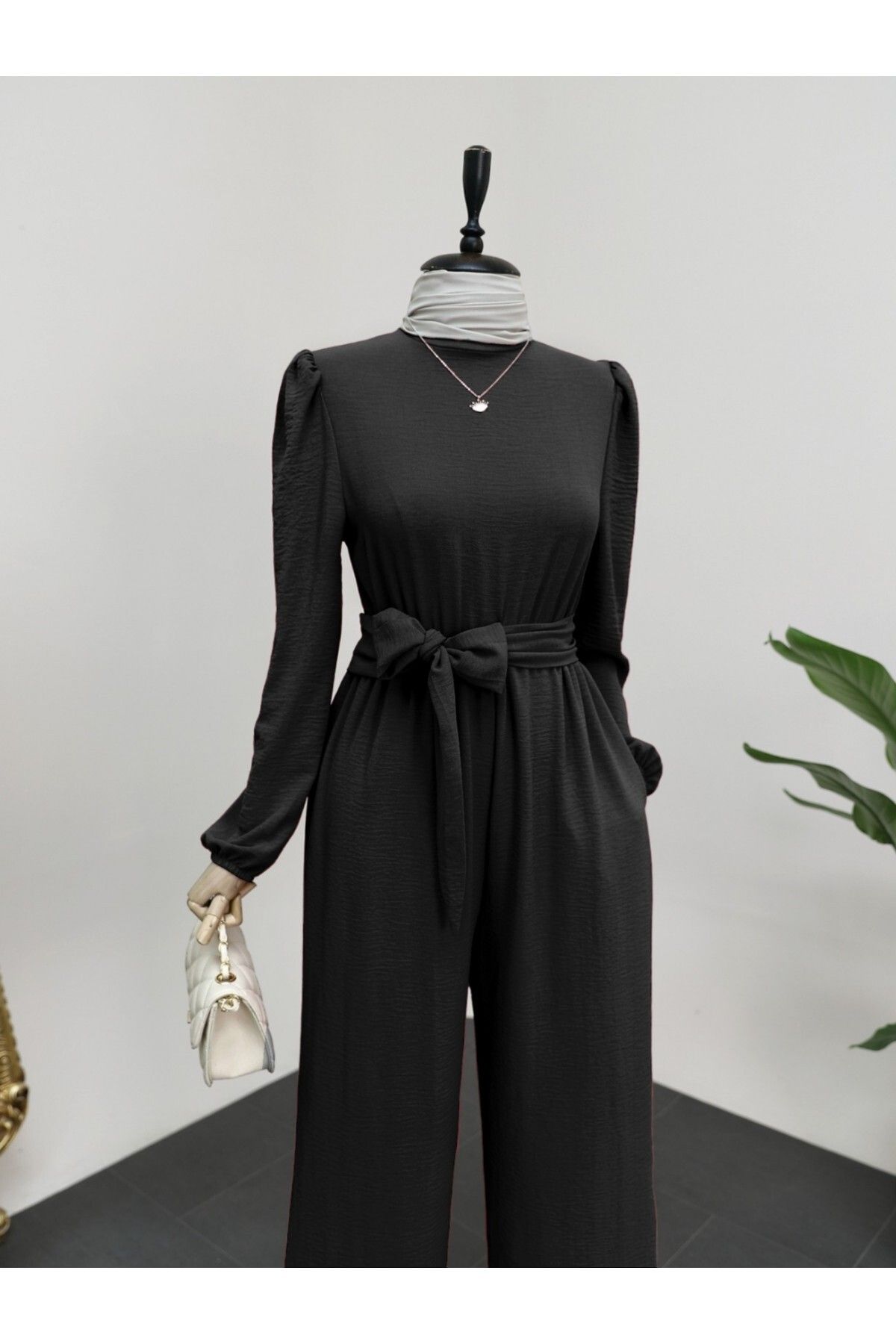 Modamorfo-Elastic Waist Jumpsuit with Stand Collar and Belted 2