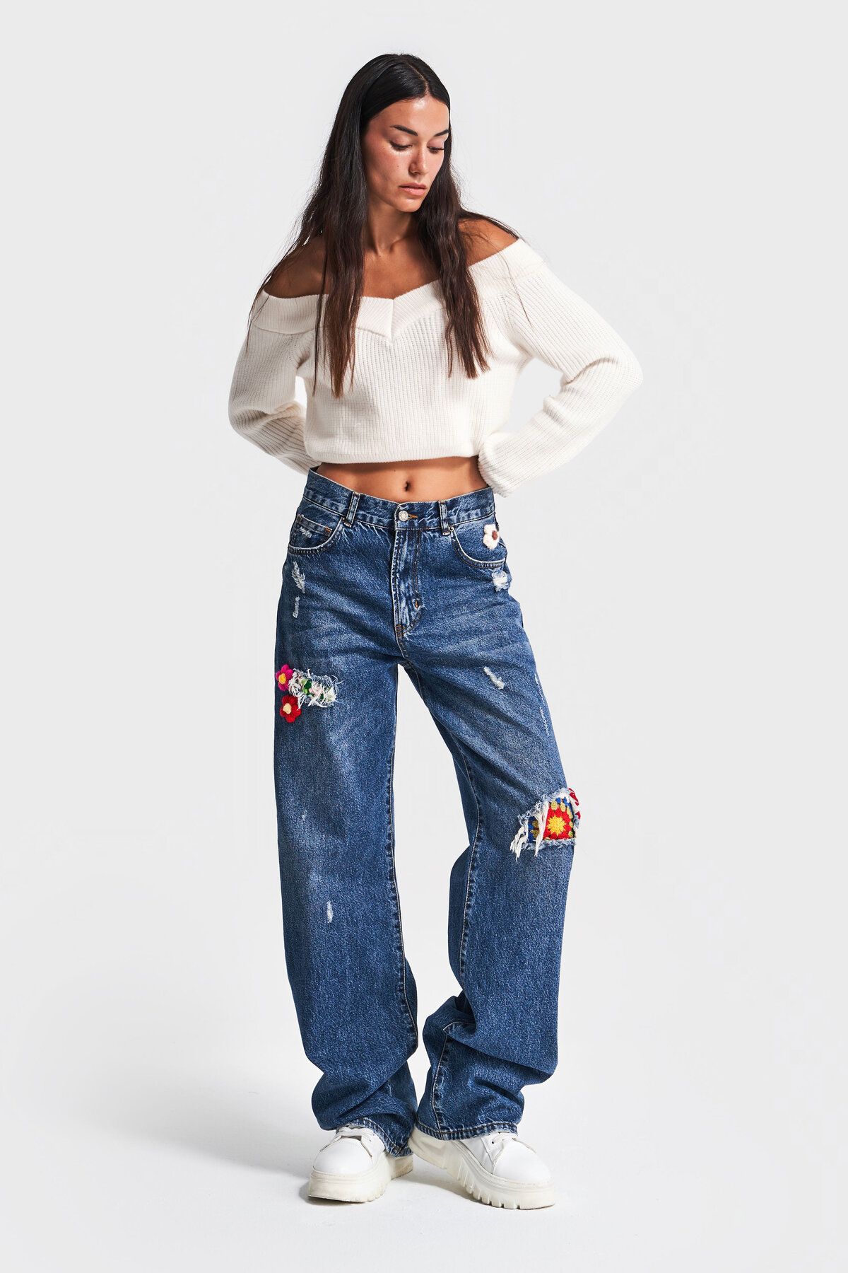 its basic-Denim de damă, de culoare denim, cu model de trandafiri etnici 3