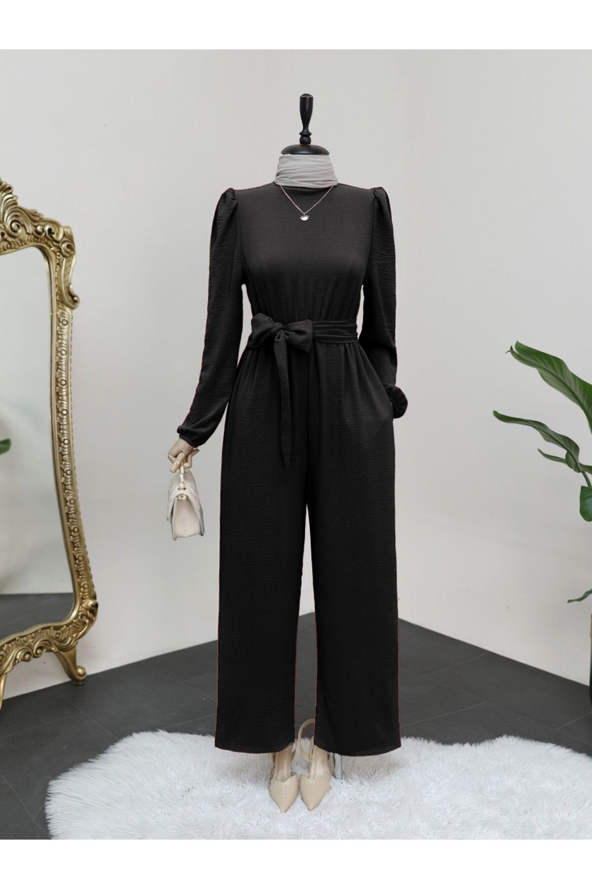 Modamorfo-Elastic Waist Jumpsuit with Stand Collar and Belted 1