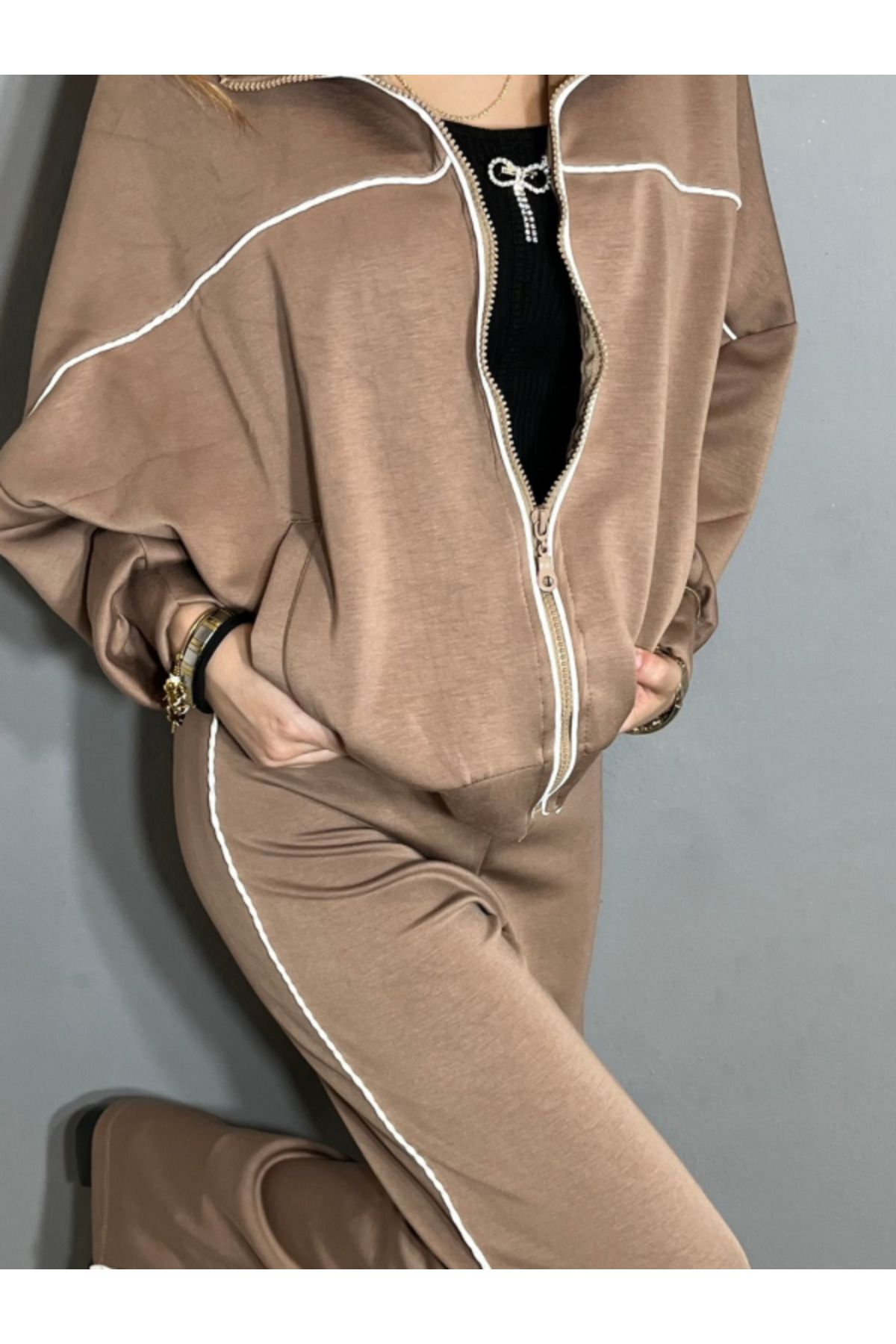 LEVURE-Oversize Sweatshirt and Wide Leg Trousers - Piping Detailed Double Set 2