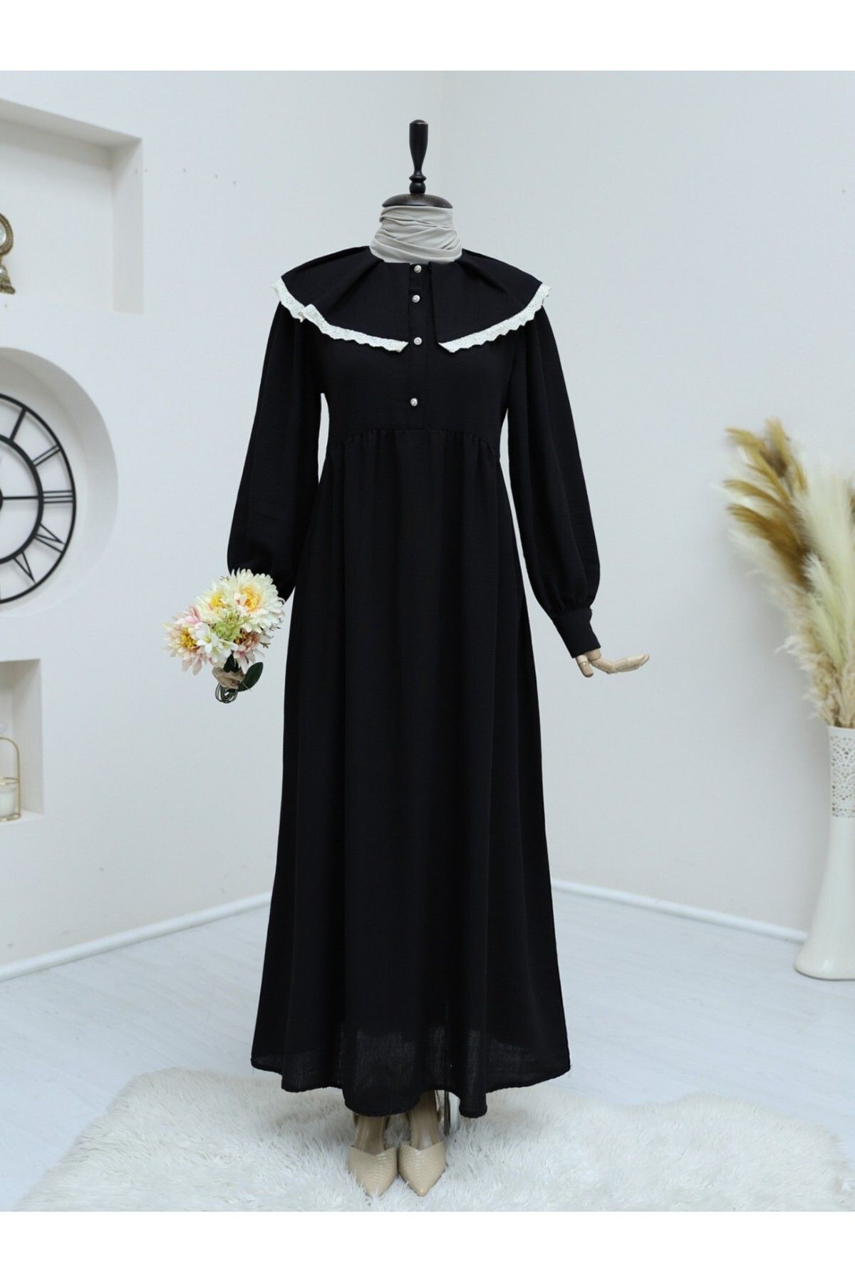 Modamorfo-Rochie de in cu jumătate de nasturi cu guler cu șorț - neagră 2