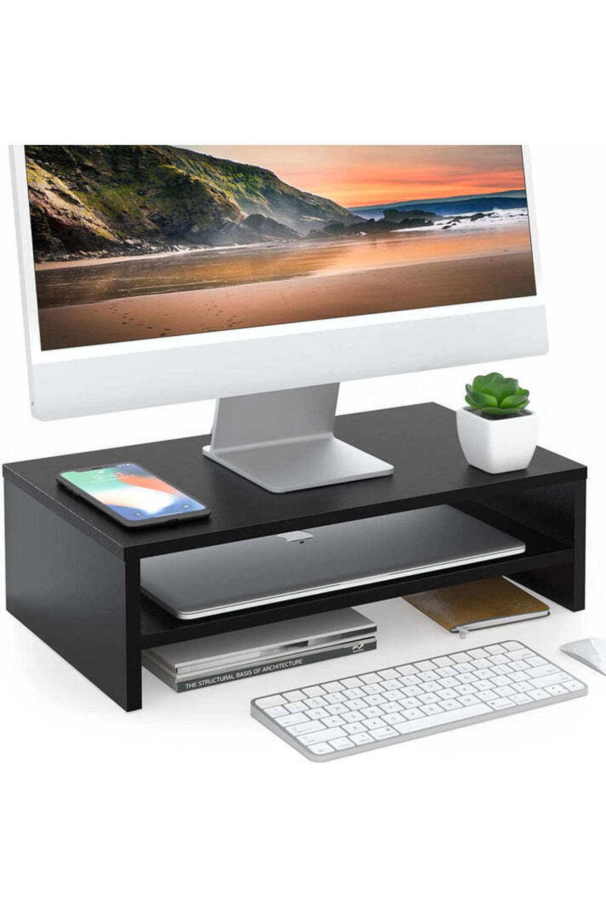Modern home-Compact Monitor Stand Riser with Storage Shelf - Ergonomic Desk Organizer - Black 7