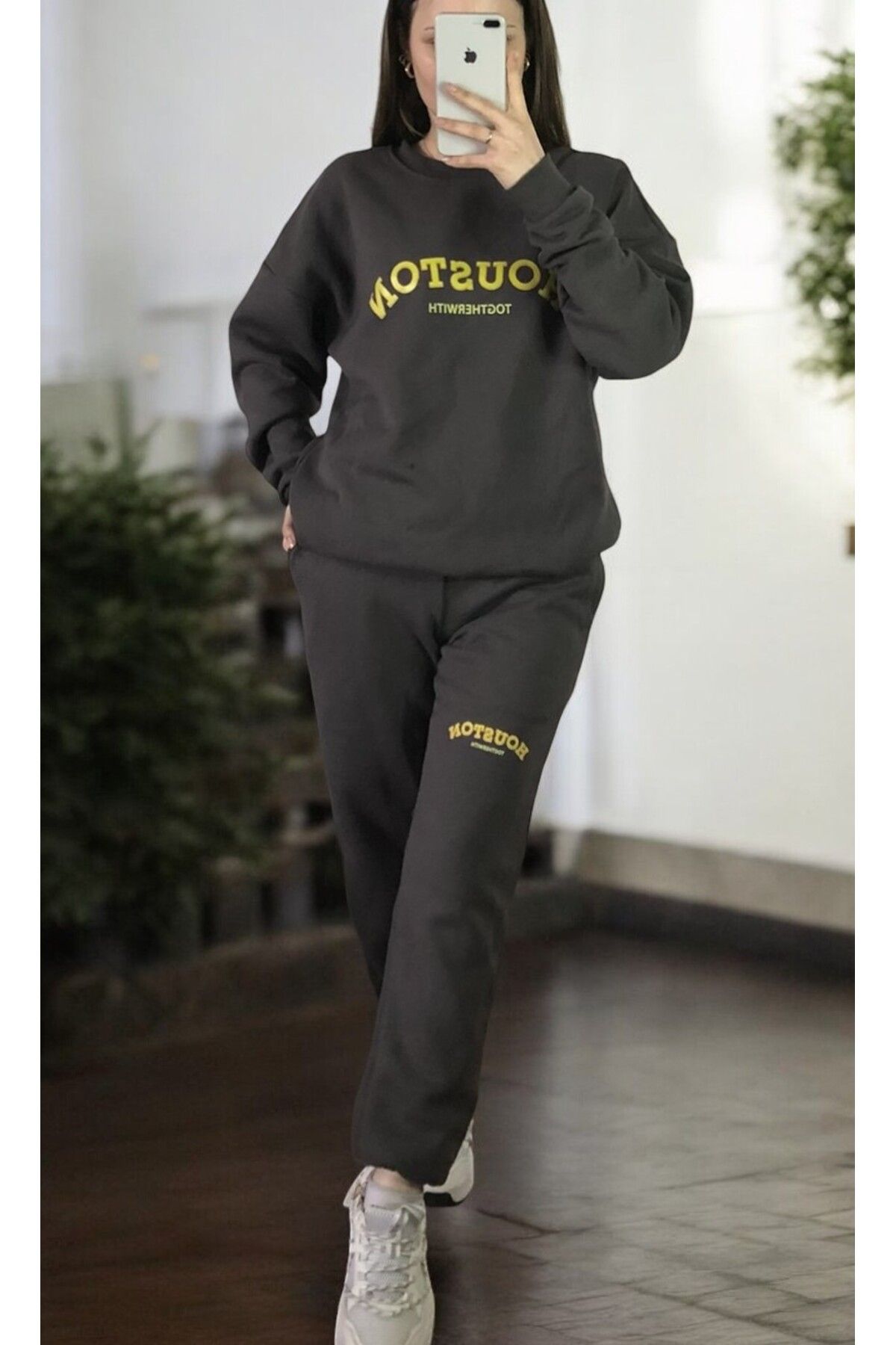 Flow-Mi̇sseale Anthracite Printed Full Casual Women's Tracksuit Set 1