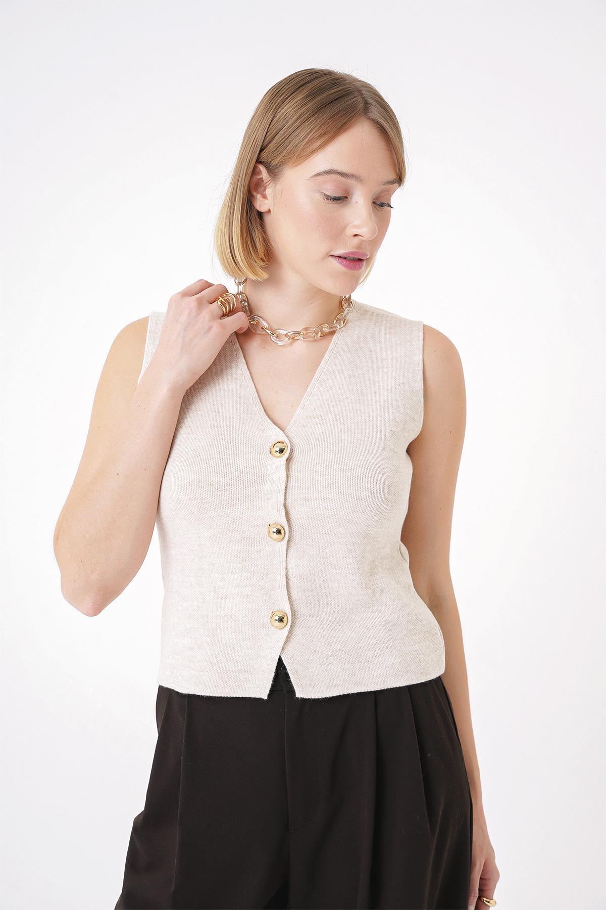 CHUBA-Women's Gold Buttoned Textured Regular Fit Knitwear Vest Beige 25W3001 3