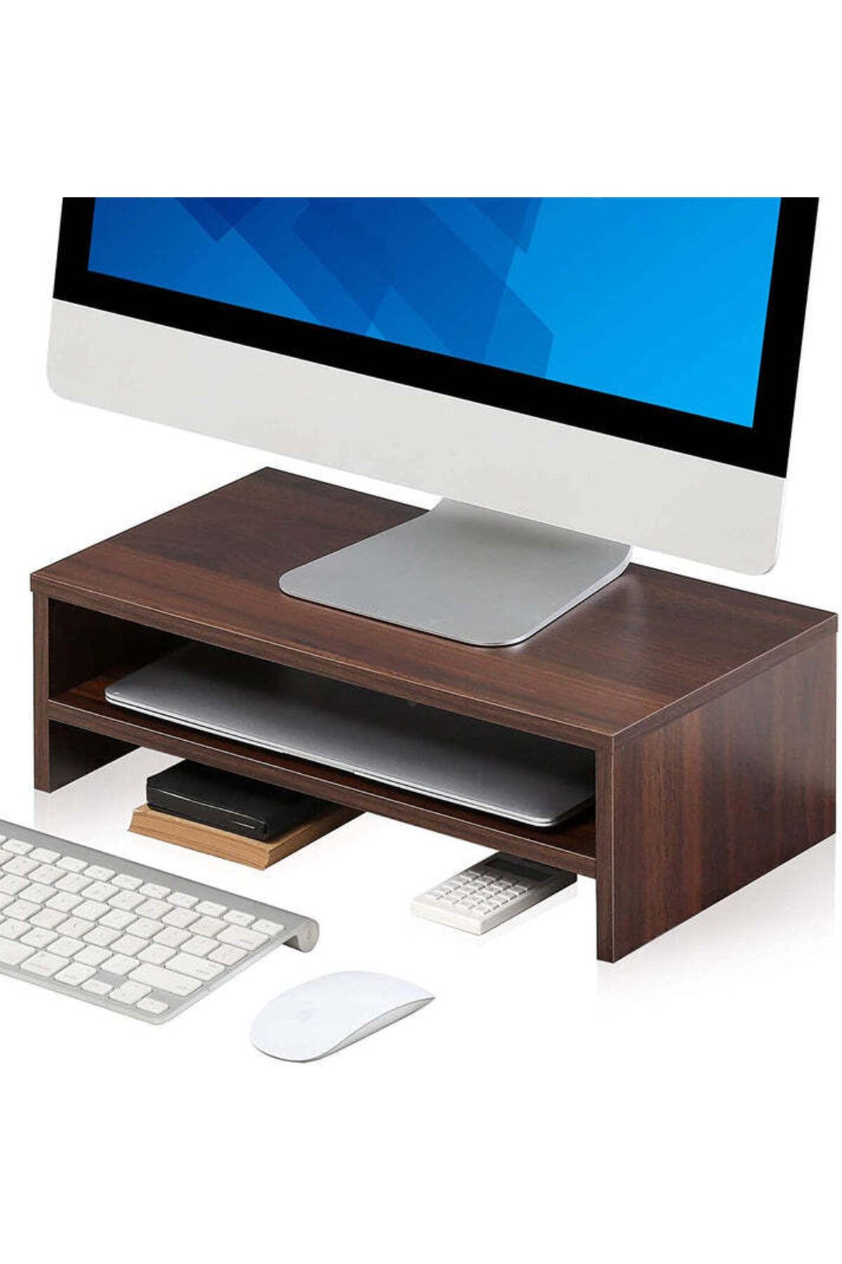 Modern home-Compact Monitor Stand Riser with Storage Shelf - Ergonomic Desk Organizer - Brown 3