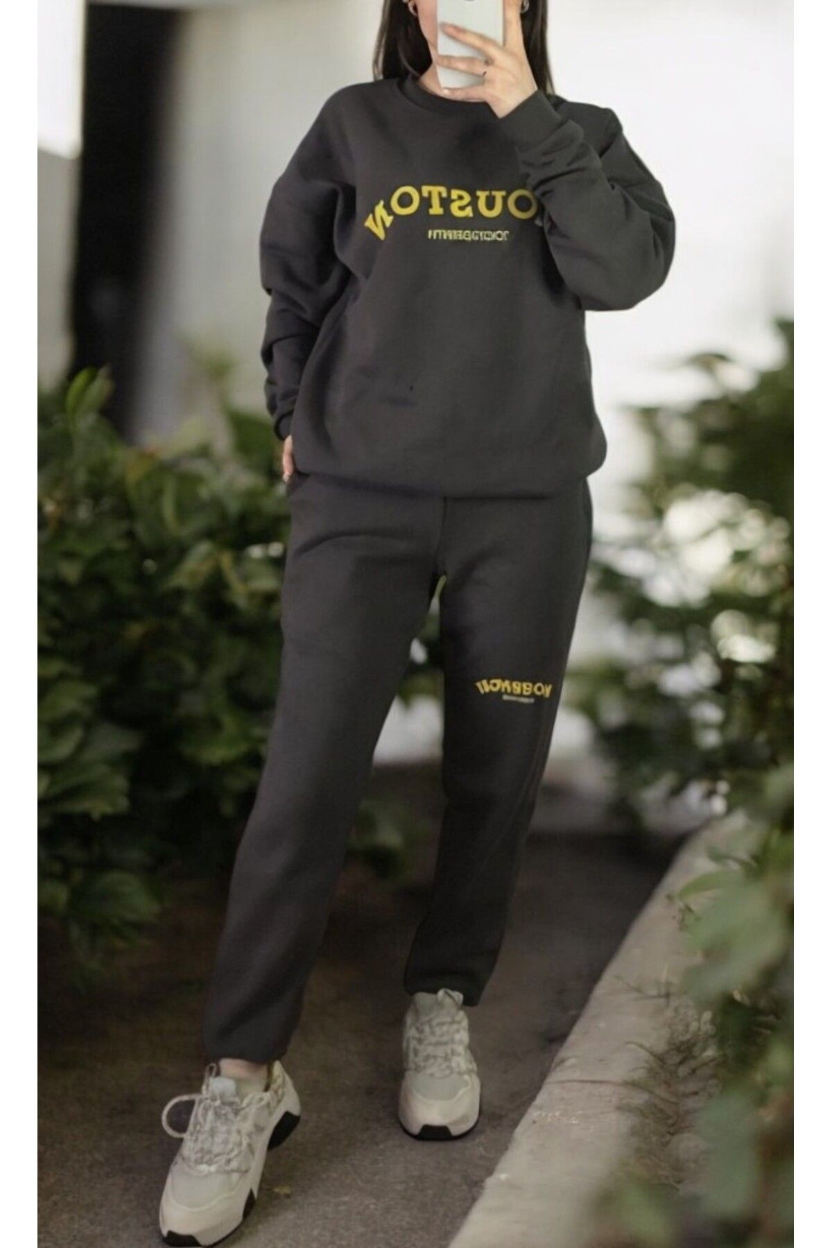 Flow-Mi̇sseale Anthracite Printed Full Casual Women's Tracksuit Set 4