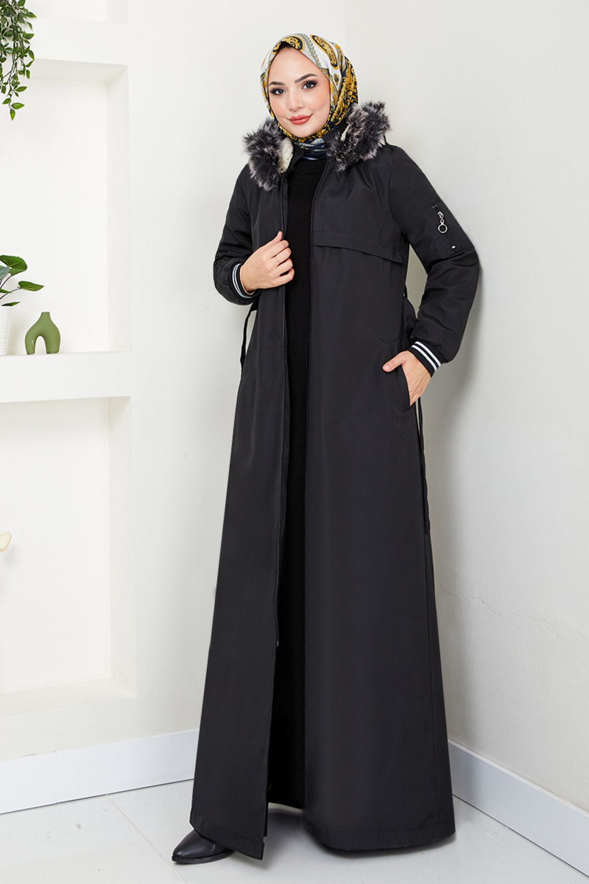 ModaMerve-Black Coat - Garnished and Fur Inside, Model 7008Znr1012-M 3