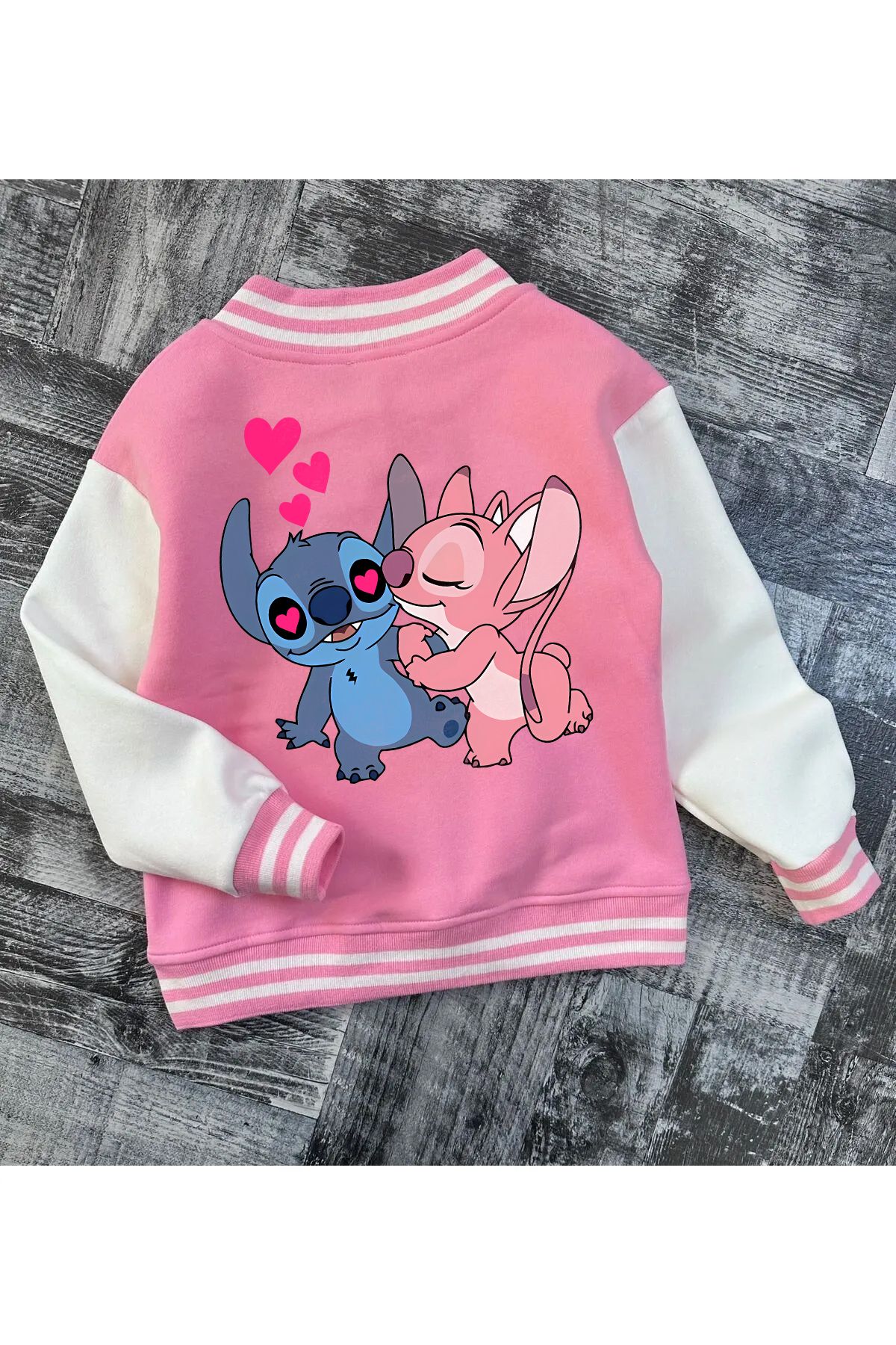 SELF CONTROL-Lilo Stitch - Children's White Sleeves, Back Printed Thick College Jacket, 3 Thread 1