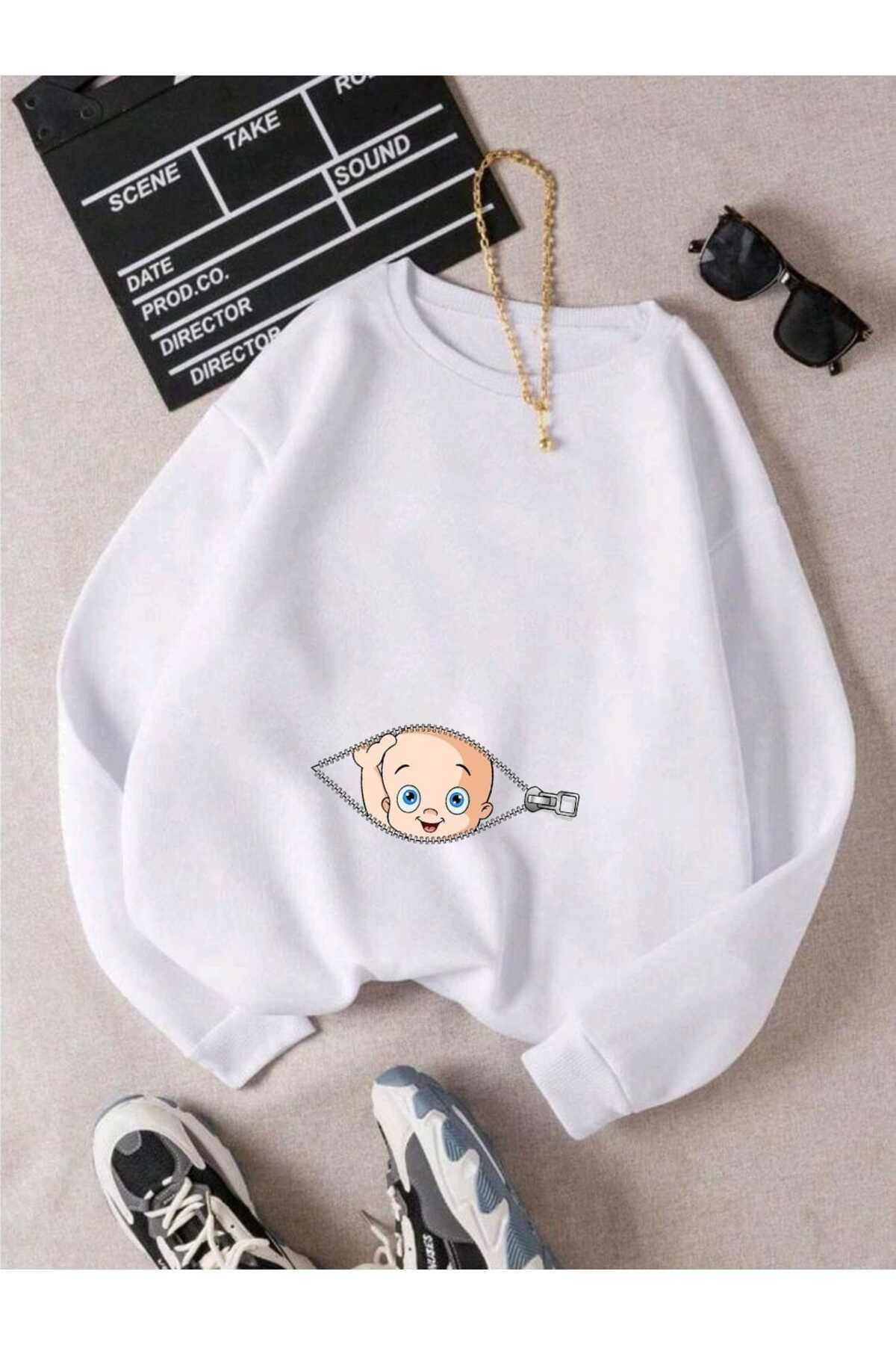 oneagılyazı-Women's Zipper Baby Printed Maternity Oversize Crew Neck Sweatshirt 1