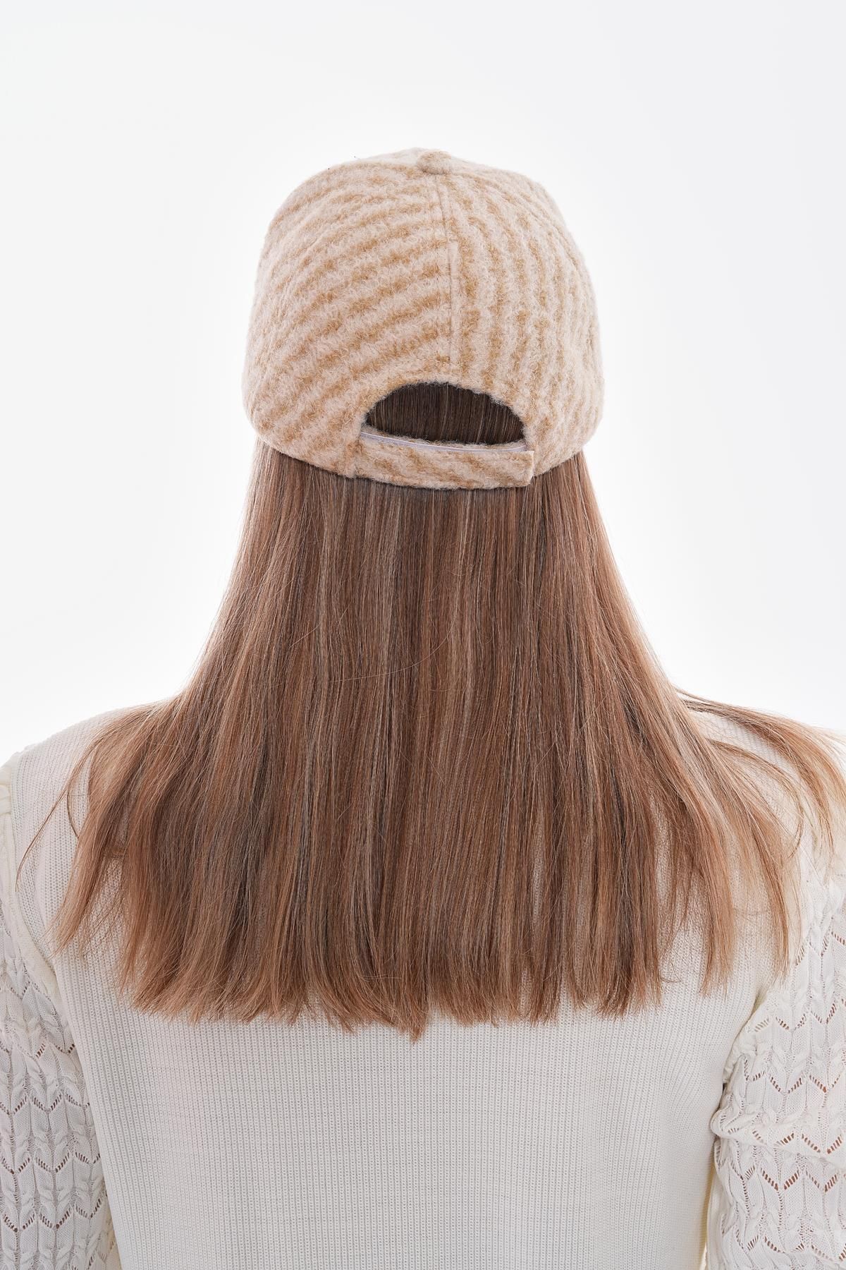 Axesoire-14677 Stripe Patterned Beige Cap Hat 4