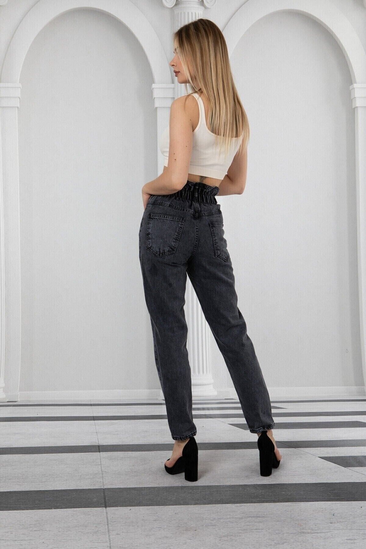 ByCukurovaFrango-Anthracite Elastic Waist High Waist Mom Jeans 5