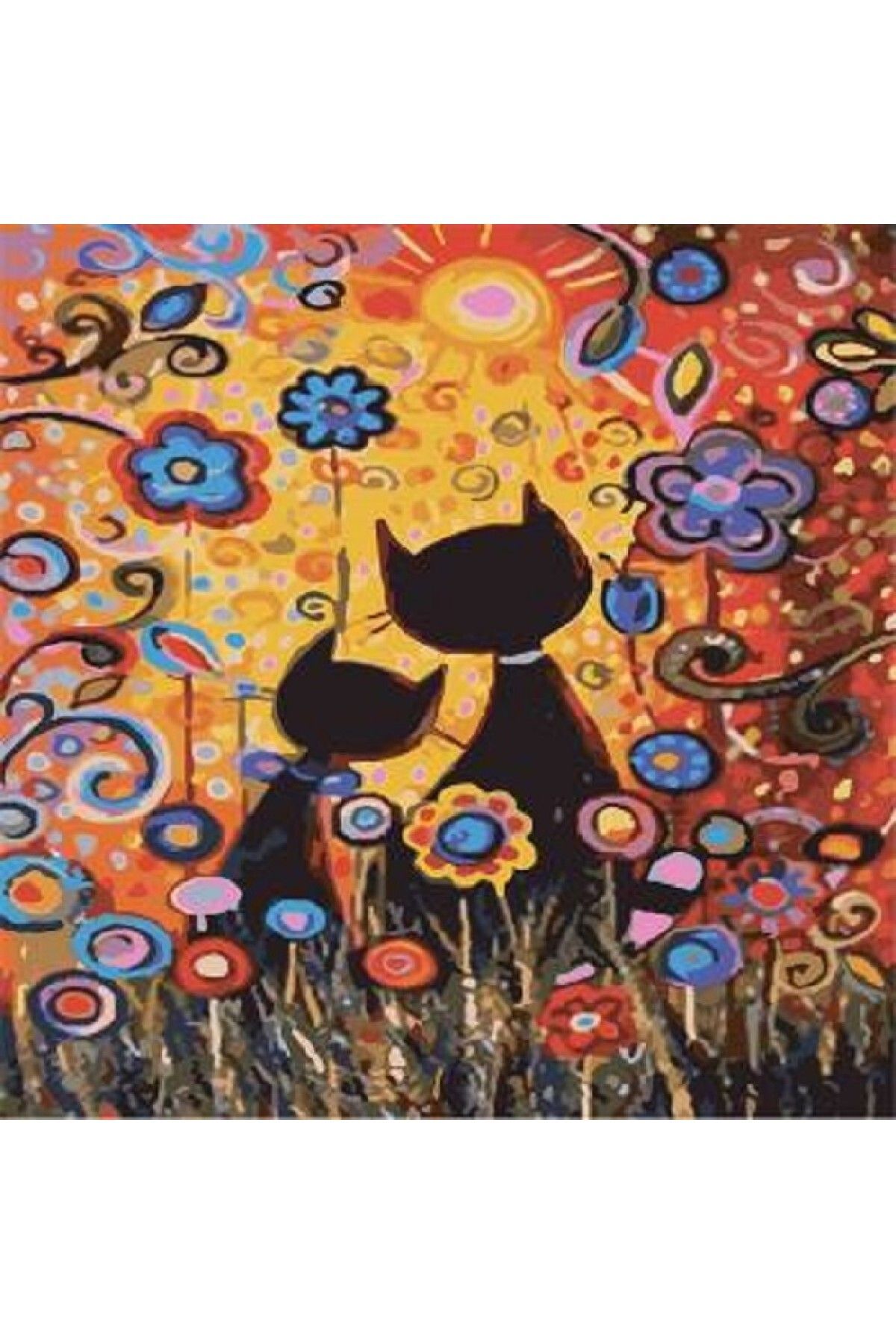 OK AKSESUAR Canvas Kedilerin Rüyası Sayılarla Boyama Seti Kasnaklı 70 x 90 cm