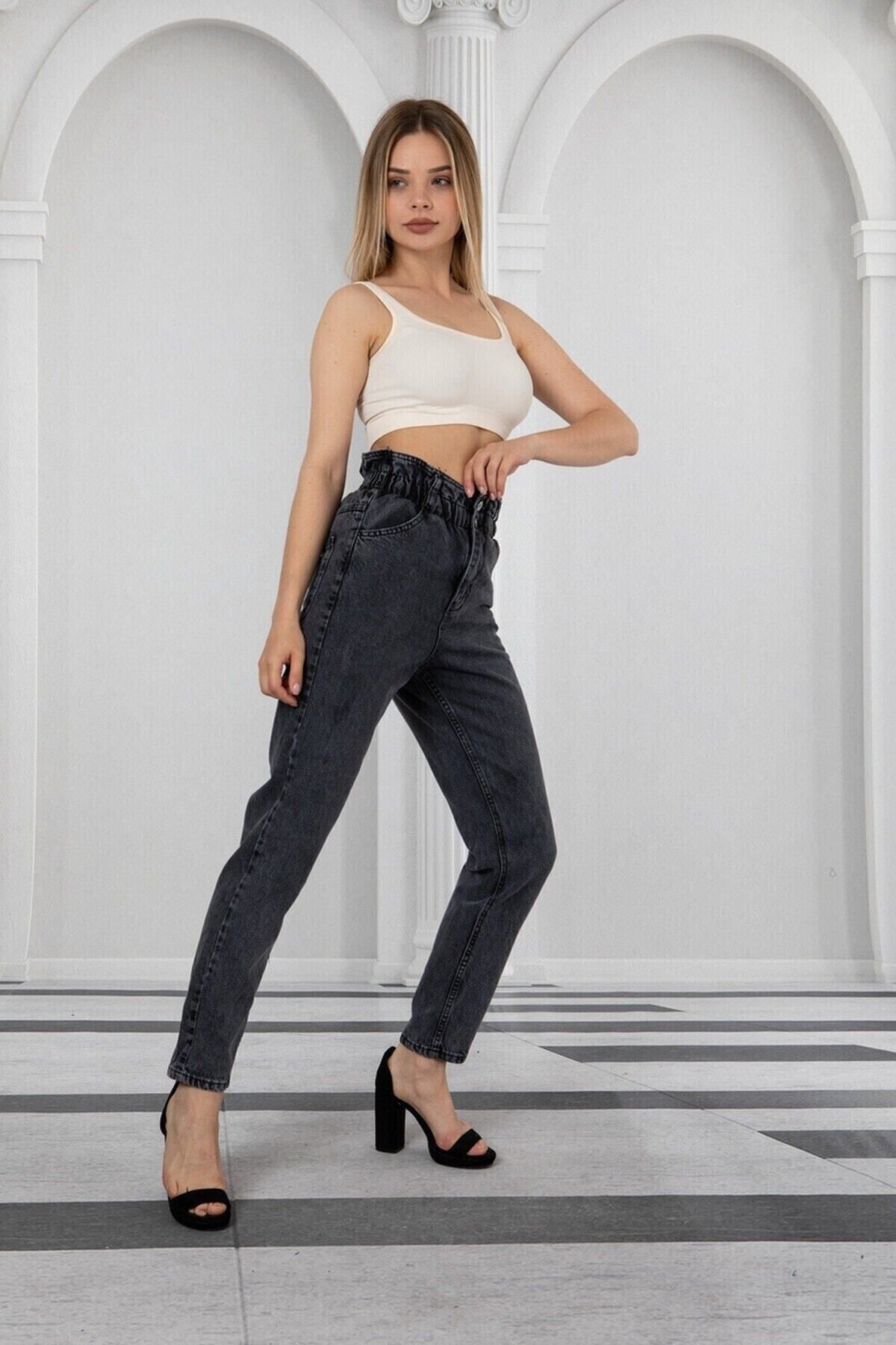 ByCukurovaFrango-Anthracite Elastic Waist High Waist Mom Jeans 2