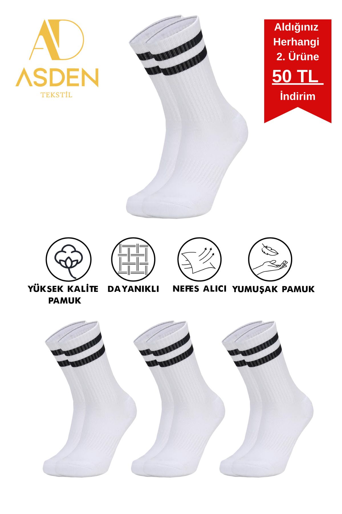 ASDEN Unisex Kolej Tenis Çorap Premium, Siyah Çizgili 3'lü Paket