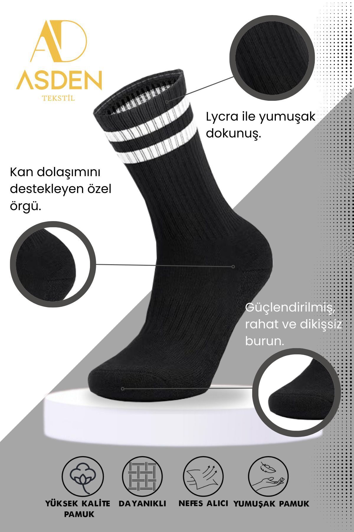 ASDEN Unisex Bambu Kolej Tenis Çorap Premium, Beyaz Çizgili 3'lü Paket görsel 2