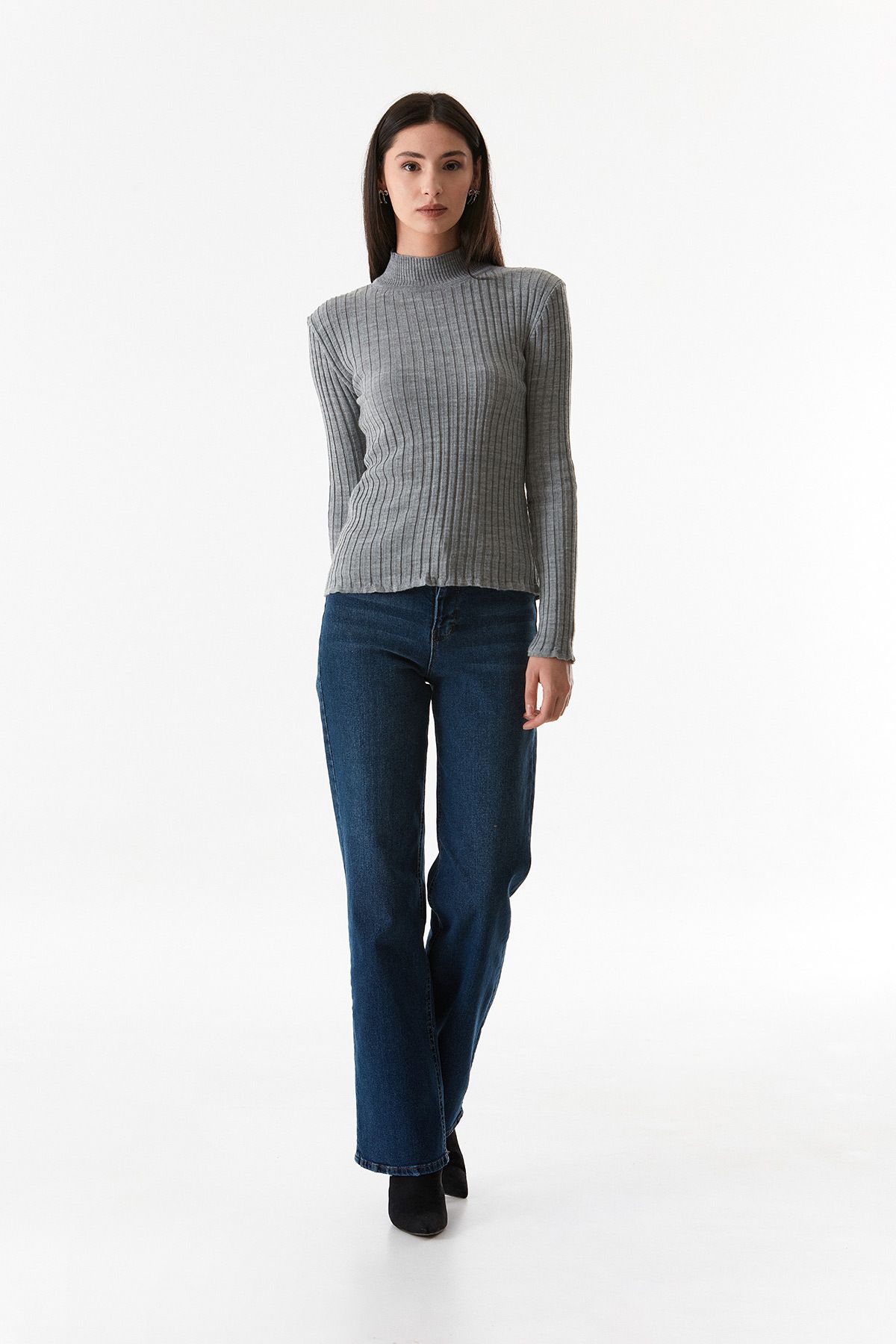 Fulla Moda-Ribbed Stand Collar Knitwear Sweater 6