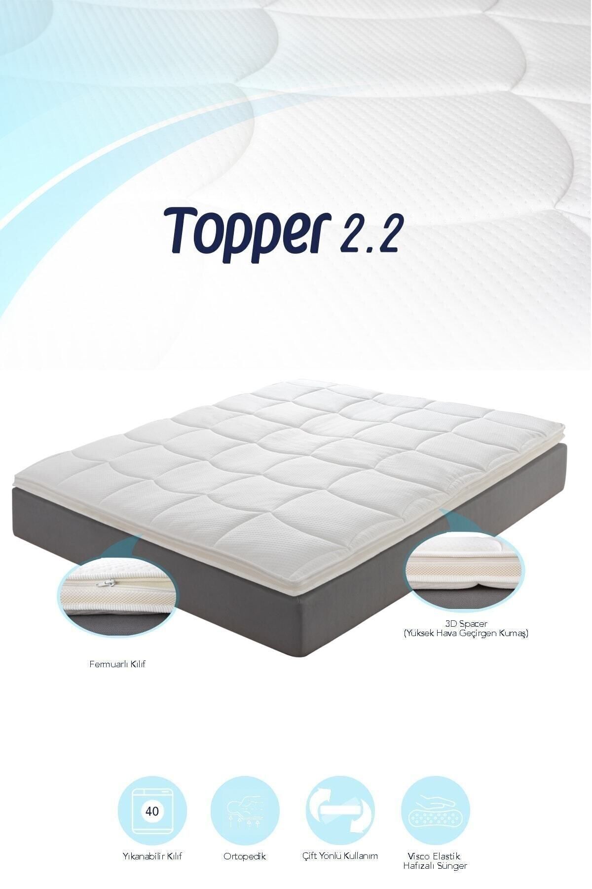 Mavi Ay Yatak Topper 2.2 - Adaptif Visco Yatak Pedi - Memory Foam - Exclusive Extra Dolgun Kılıflı