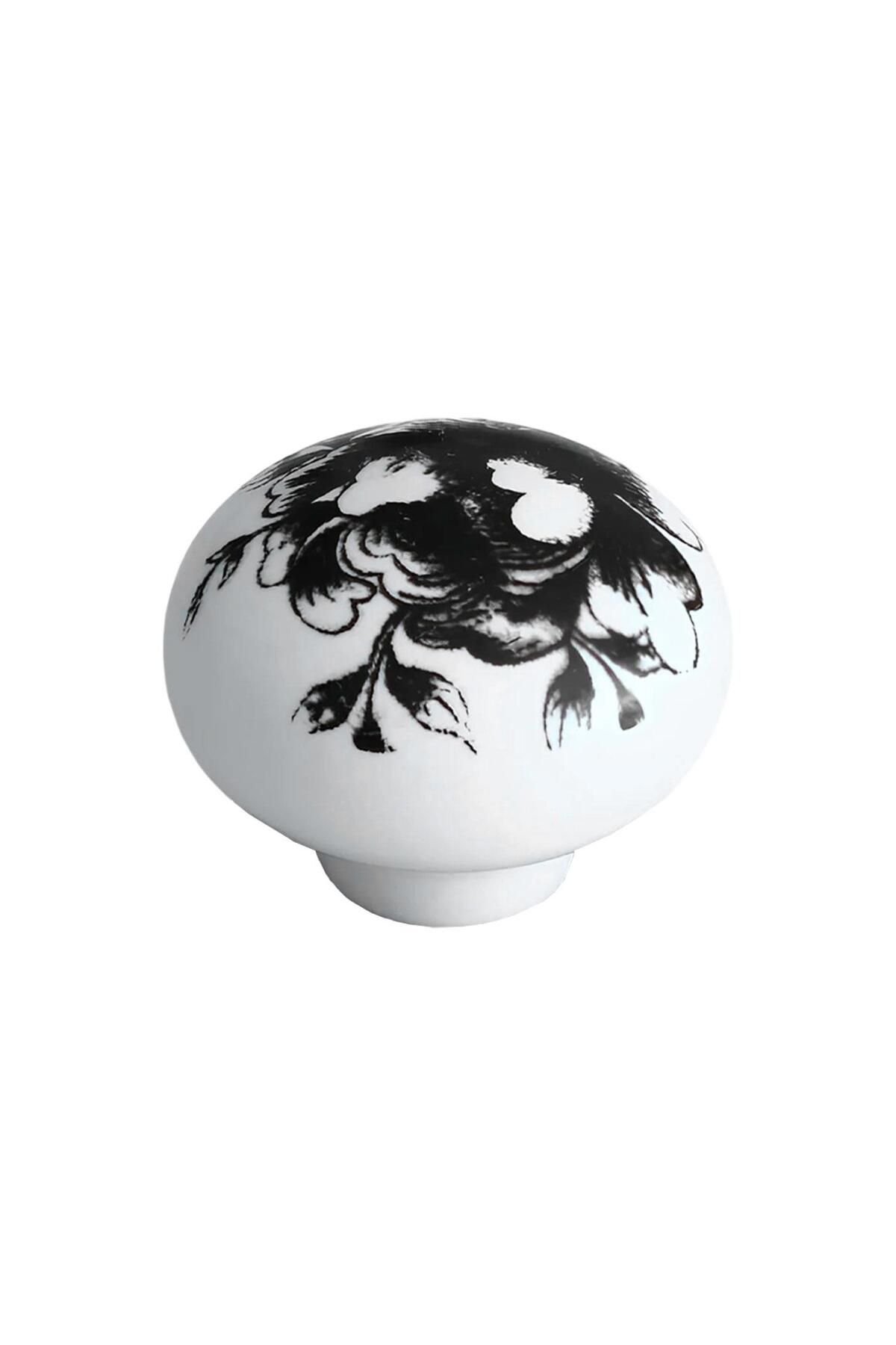 GLASWEN-15 Pieces Black Rose Patterned White Polymer Furniture - Handle Mushroom, Cabinet Drawer, Handle with Handle 5