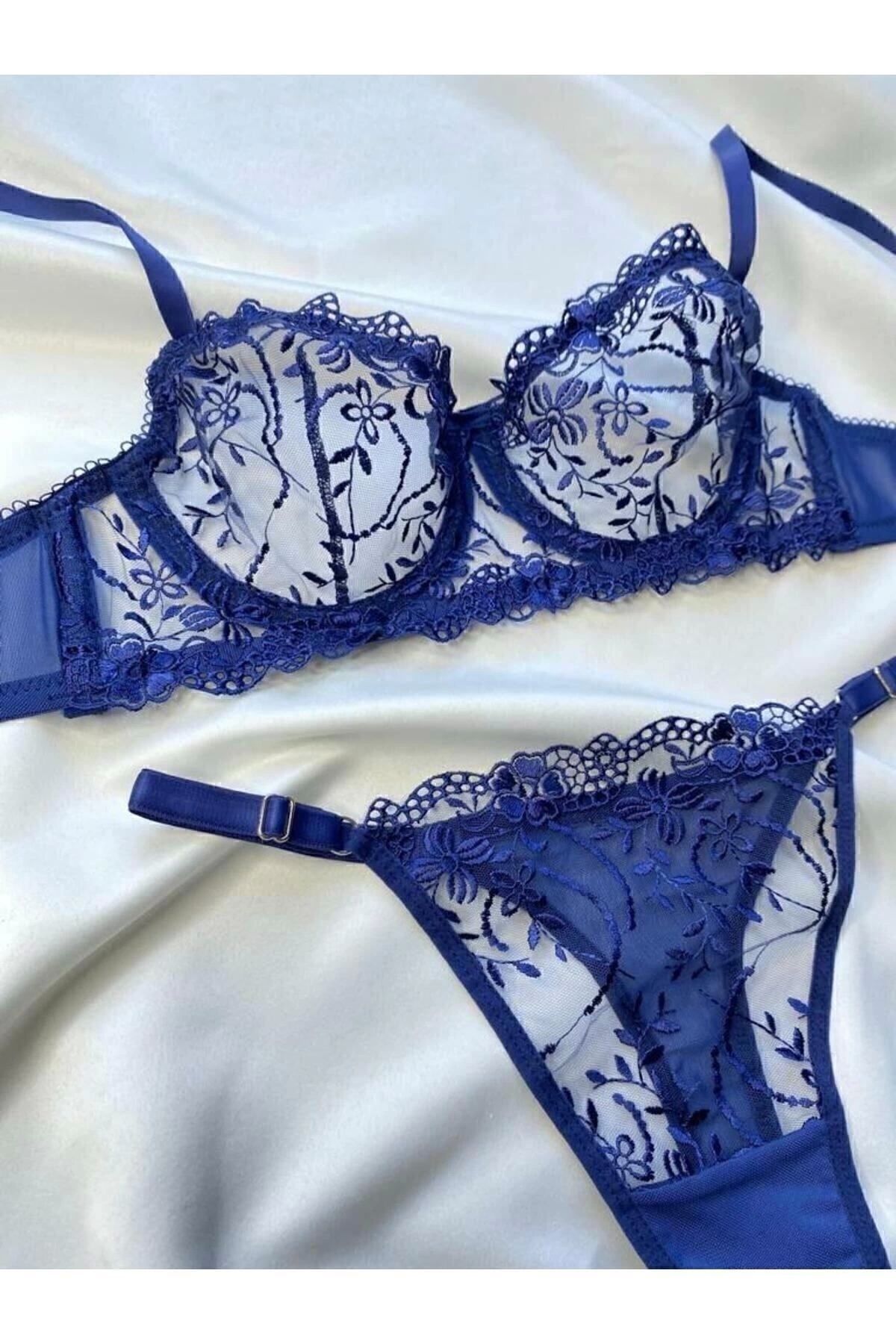 ARONA Lacivert Navy Balenli Brode Sütyen Takım - Dantelli Iç Çamaşırı Takımı - Lingerie Haven