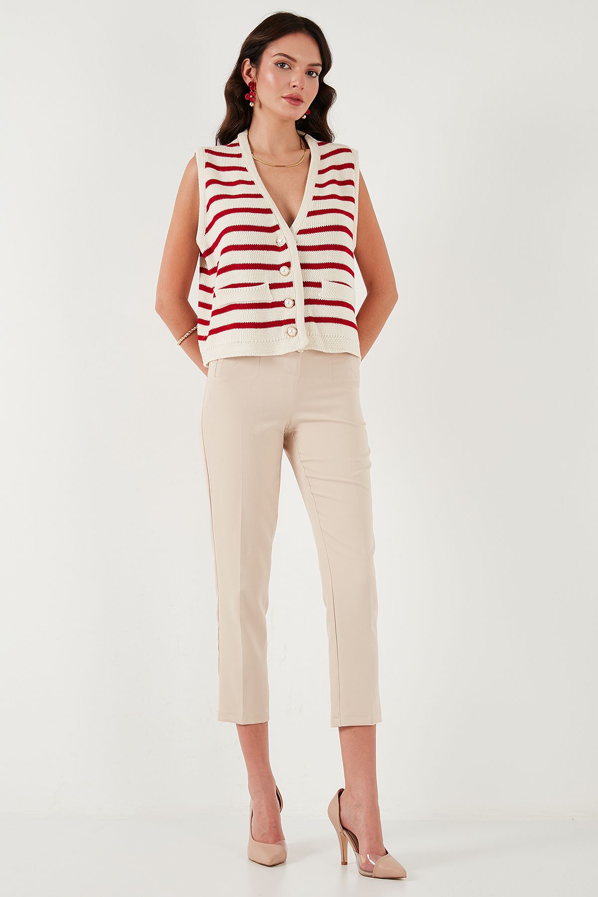 Lela-Striped Oversize Fit V-Neck Buttoned Vest 4616175 2