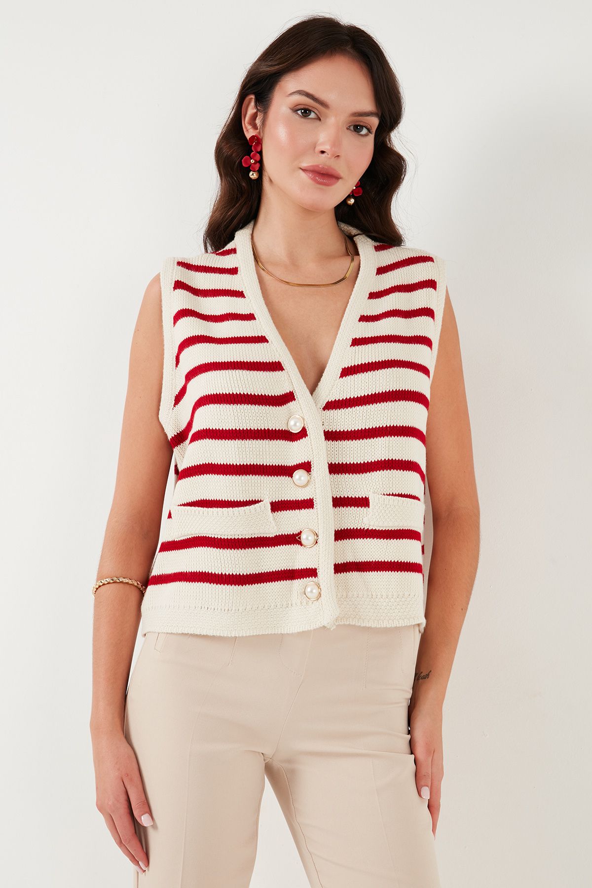 Lela-Striped Oversize Fit V-Neck Buttoned Vest 4616175 3