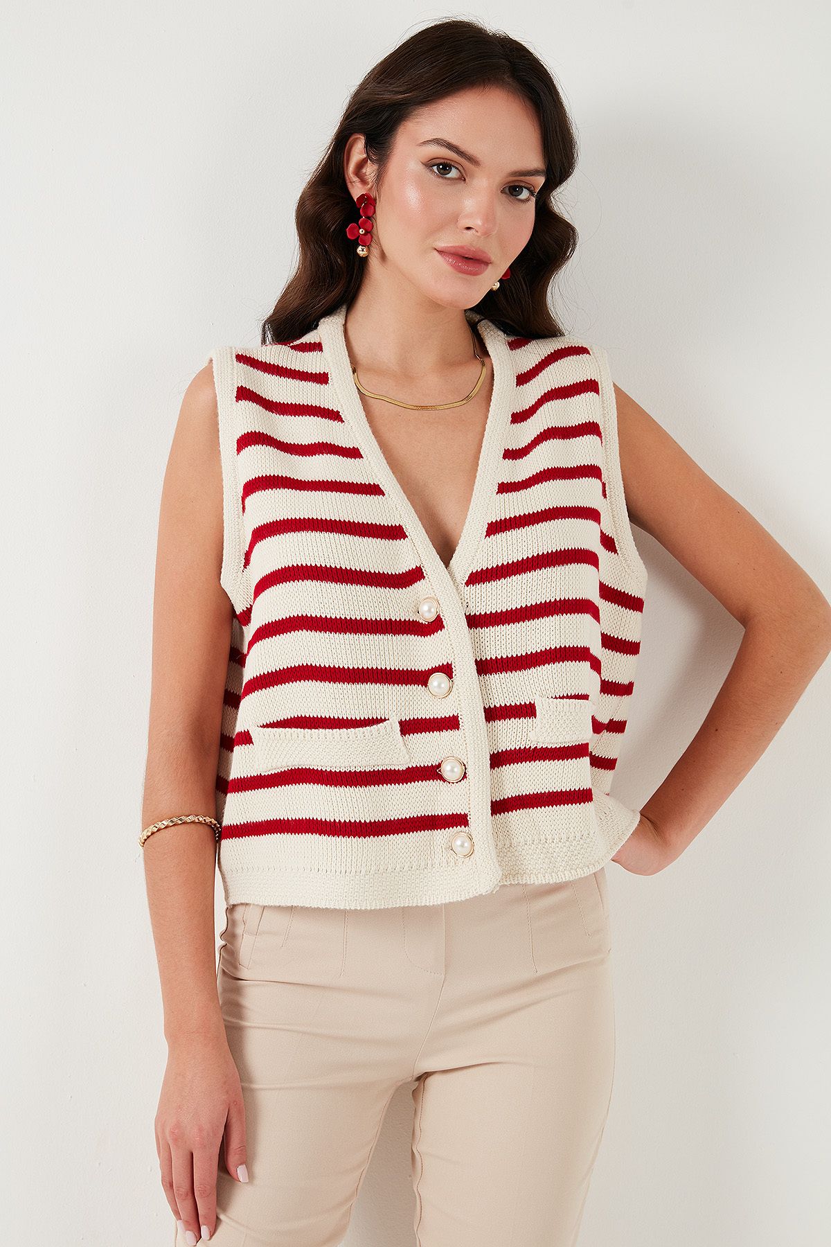 Lela-Striped Oversize Fit V-Neck Buttoned Vest 4616175 4