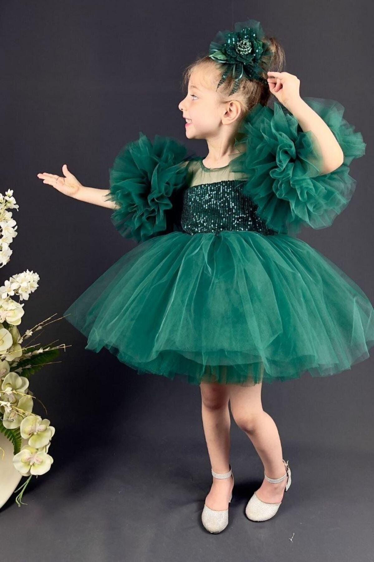 ABİYEKİDS Rochie Pentru Copii În Stil Pompon Cu Mâneci Cu Paiete Verzi Aby458 Femeie - 8 years