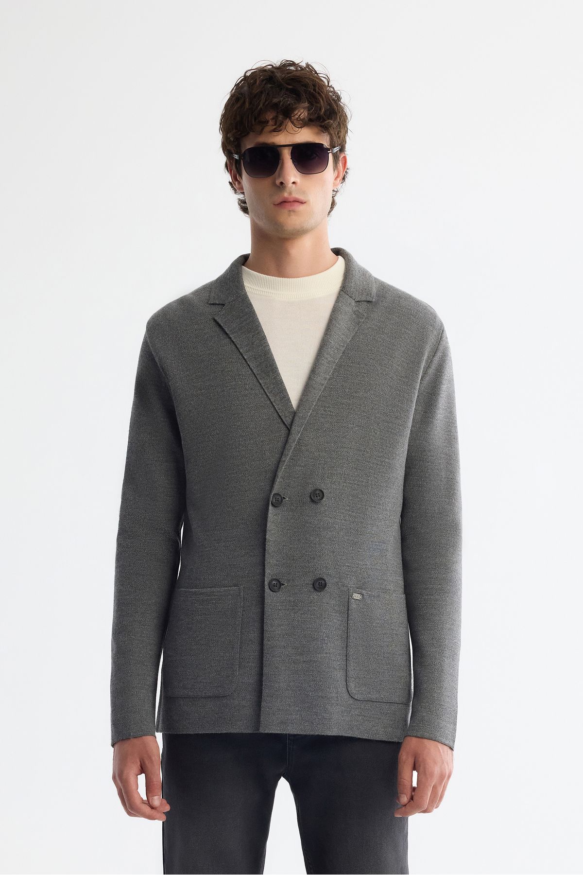 Avva-Men's Gray Mono Collar Double Breasted Wool Knitwear Jacket with Bag Pocket A42Y5153 1