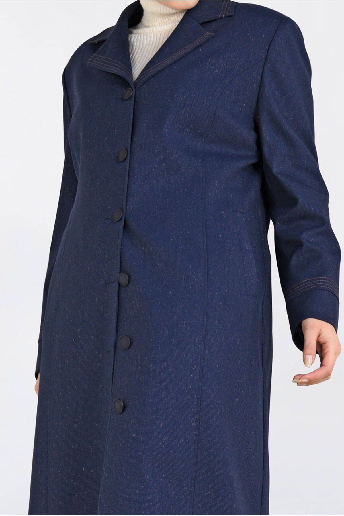 مانتوی بلند پوشیده آبی زنانه دکمه TOPCOAT 1361 آلوینا اورجینال Alvina