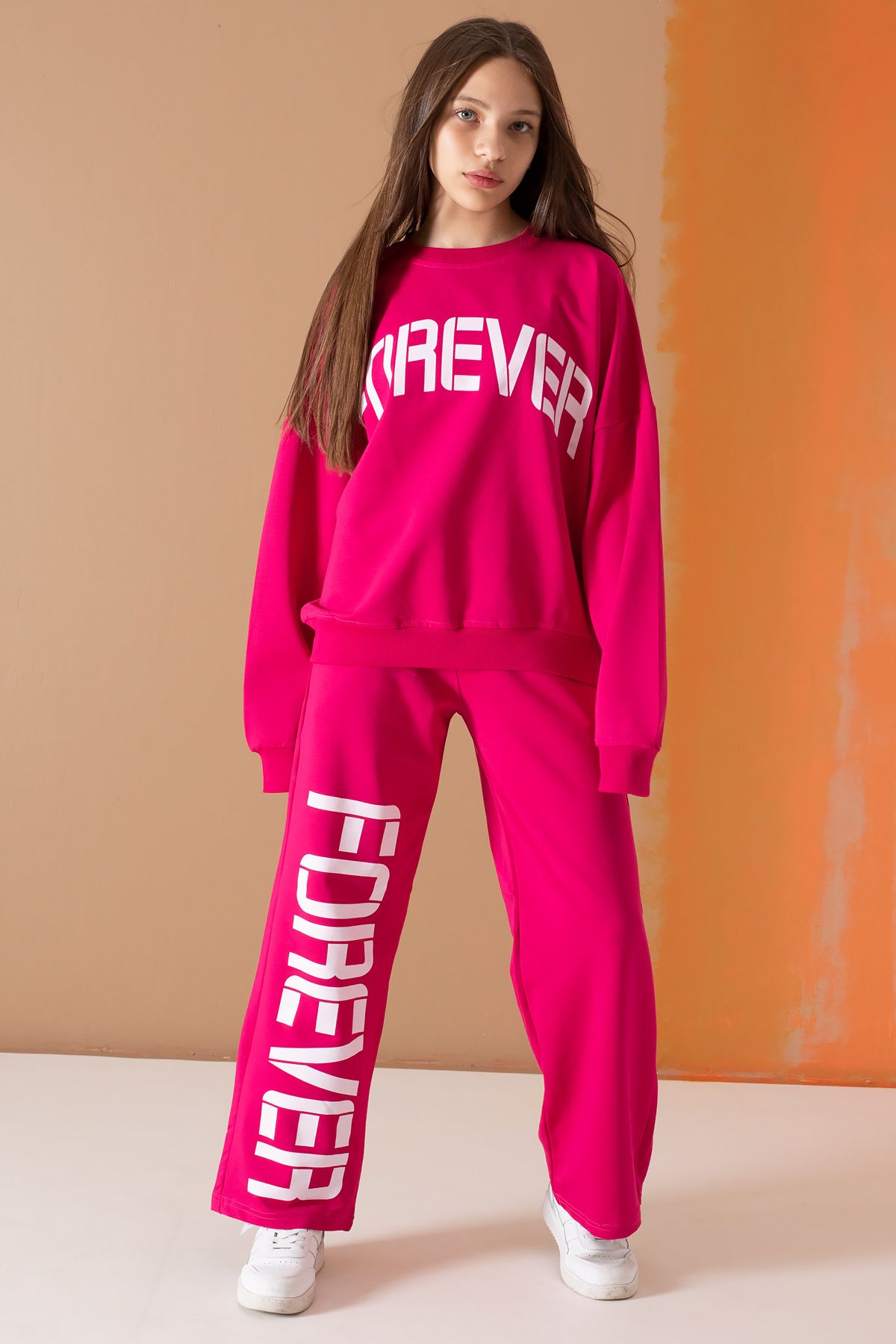 Cansın Mini-Fuchsia Forever Text Printed Girl's Tracksuit Set 19573 3