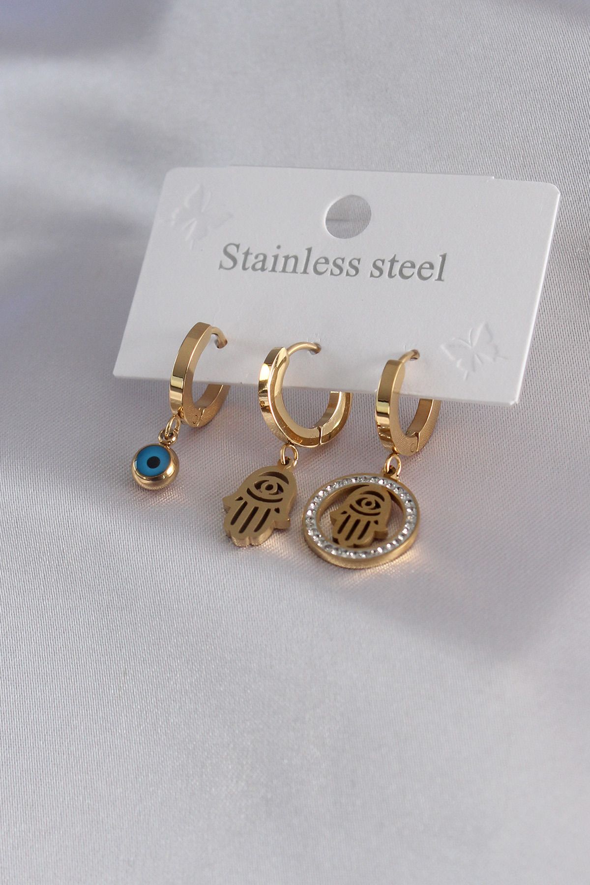 BZK ACCESSORİES 316L Çelik Gold Renk Fatma Ana El Model Zirkon Taş Detay Kadın Küpe Kombini