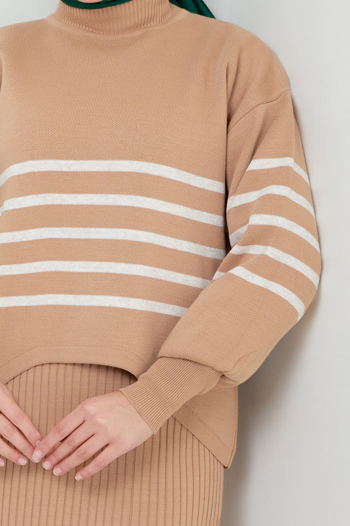 ModaMerve-Latte Striped Hijab Dress Combination - 9014Uz1029-M 4
