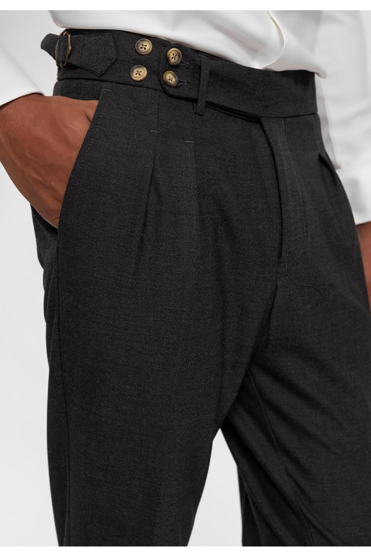 Antioch-Smoked High Waist (BOYFRİEND) Side Buckle Belt Detailed Pleated Fabric Trousers 4