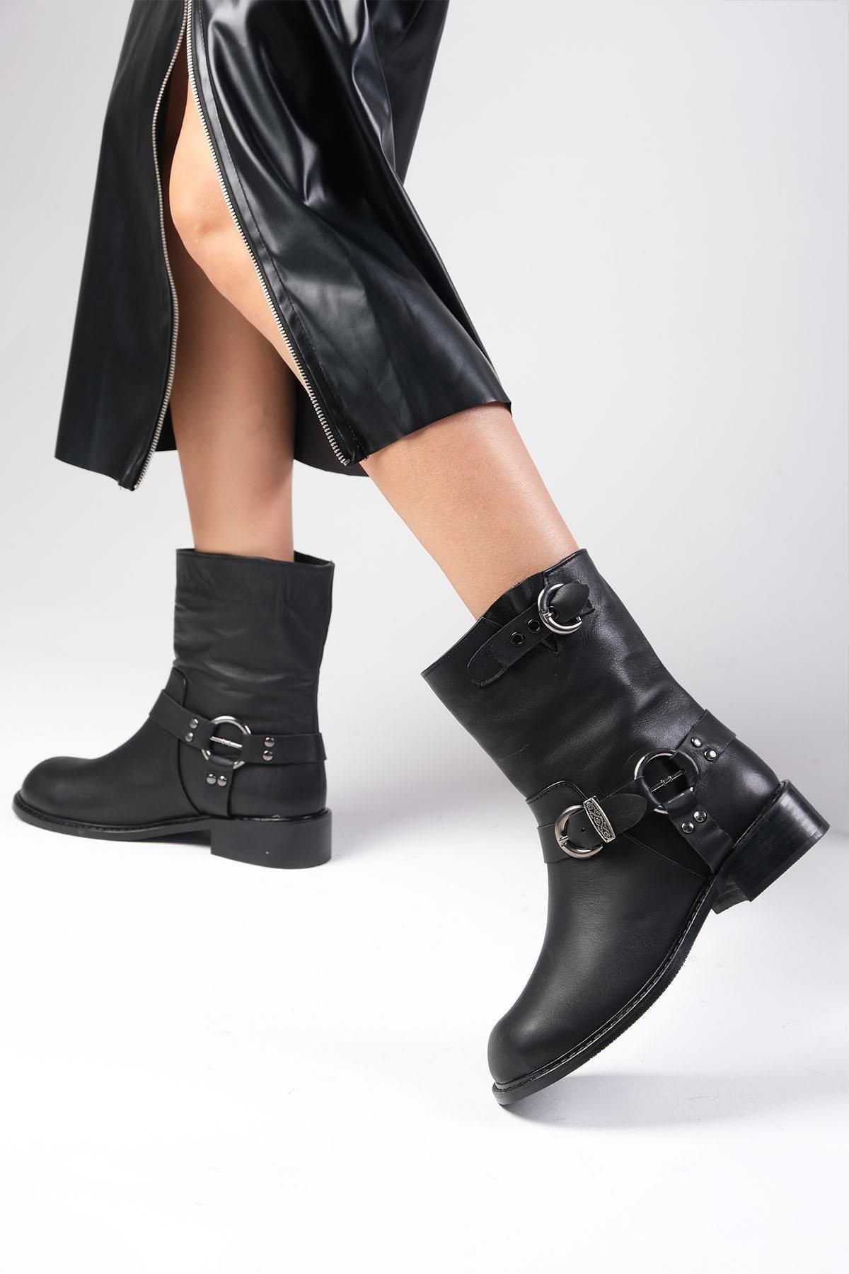 Mio Gusto-Lola Damen-Bikerstiefel aus echtem Leder in Schwarz ohne Absatz 7