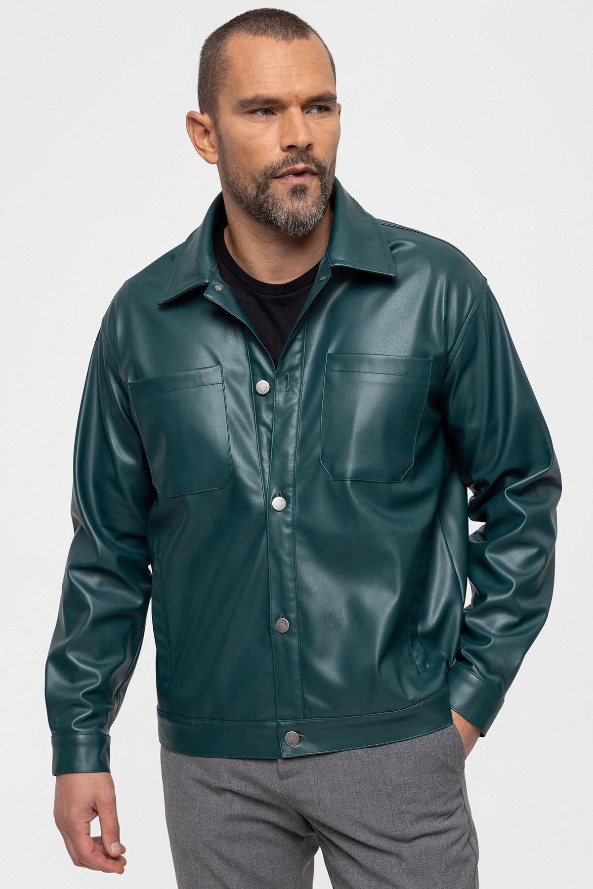 Antioch-Green Faux Leather Men's Thin Coat 5