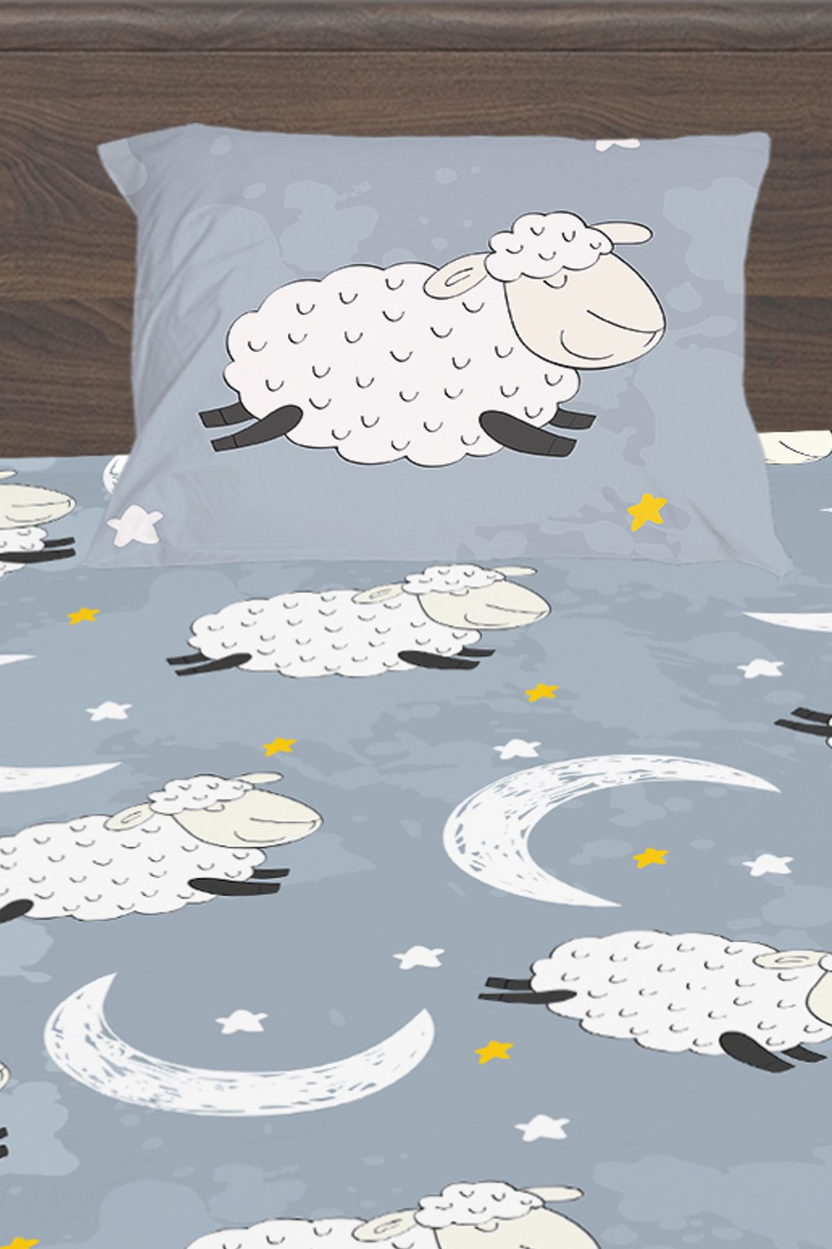 3D ELSE HALI-Gray White Lamb Patterned Boy's Single Pillowed Elastic Sheet Set 100X200Cm 2
