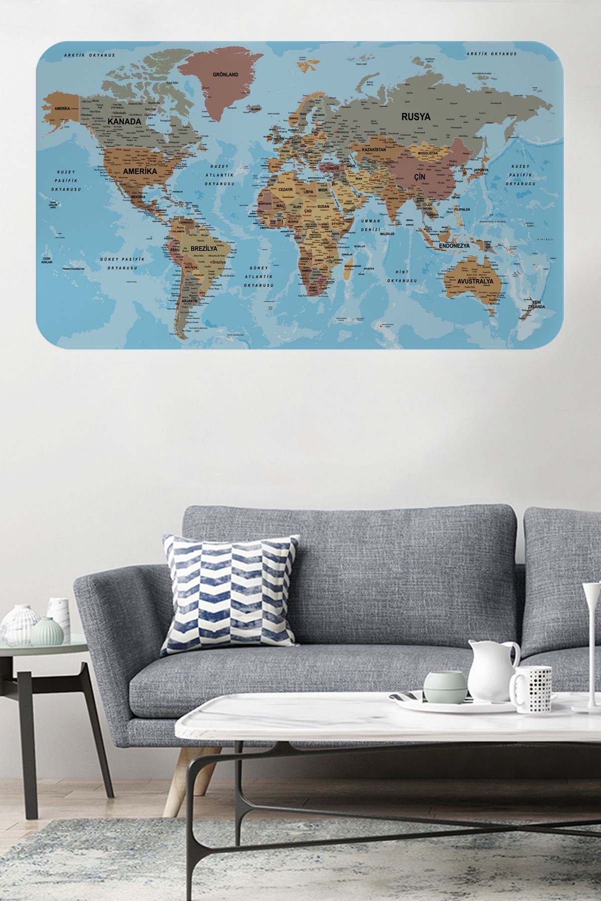 Atik Tasarım Türkçe Eğitici Ülke ve Başkent Okyanus Detaylı Atlası Dünya Haritası Duvar Sticker -60x105-3849