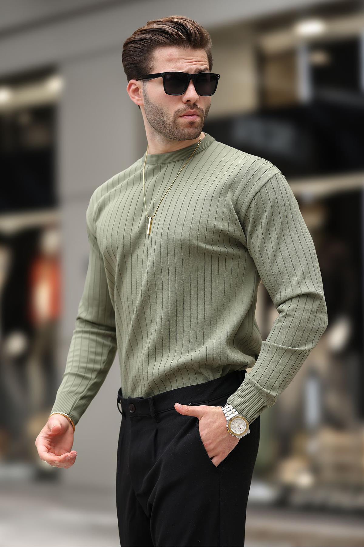 ژاکت آستین بلند راه راه یقه گرد خاکی E7273 — خاکی — تصویر 5 از 6