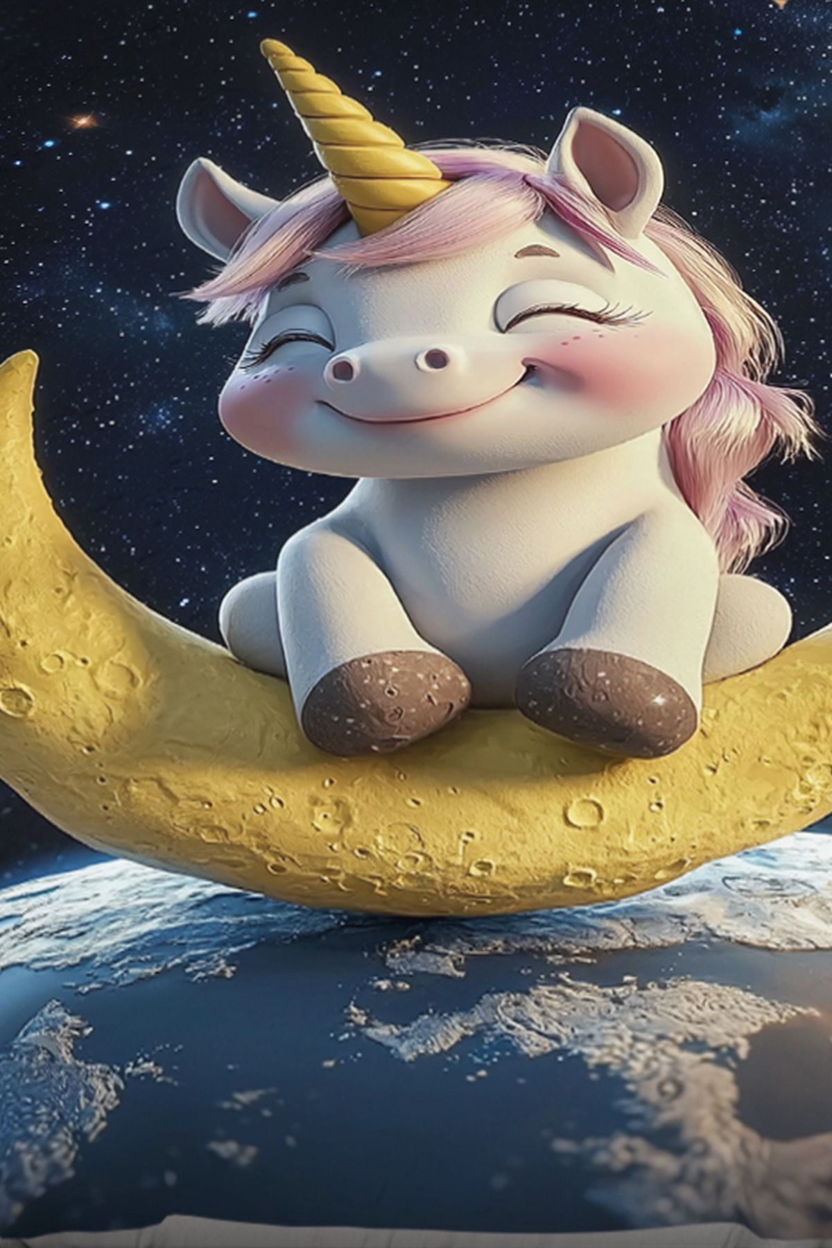 3D ELSE HALI-Unicorn Sitting on the Moon Patterned Girl's Single Padded Elastic Sheet Set 100X200Cm 3