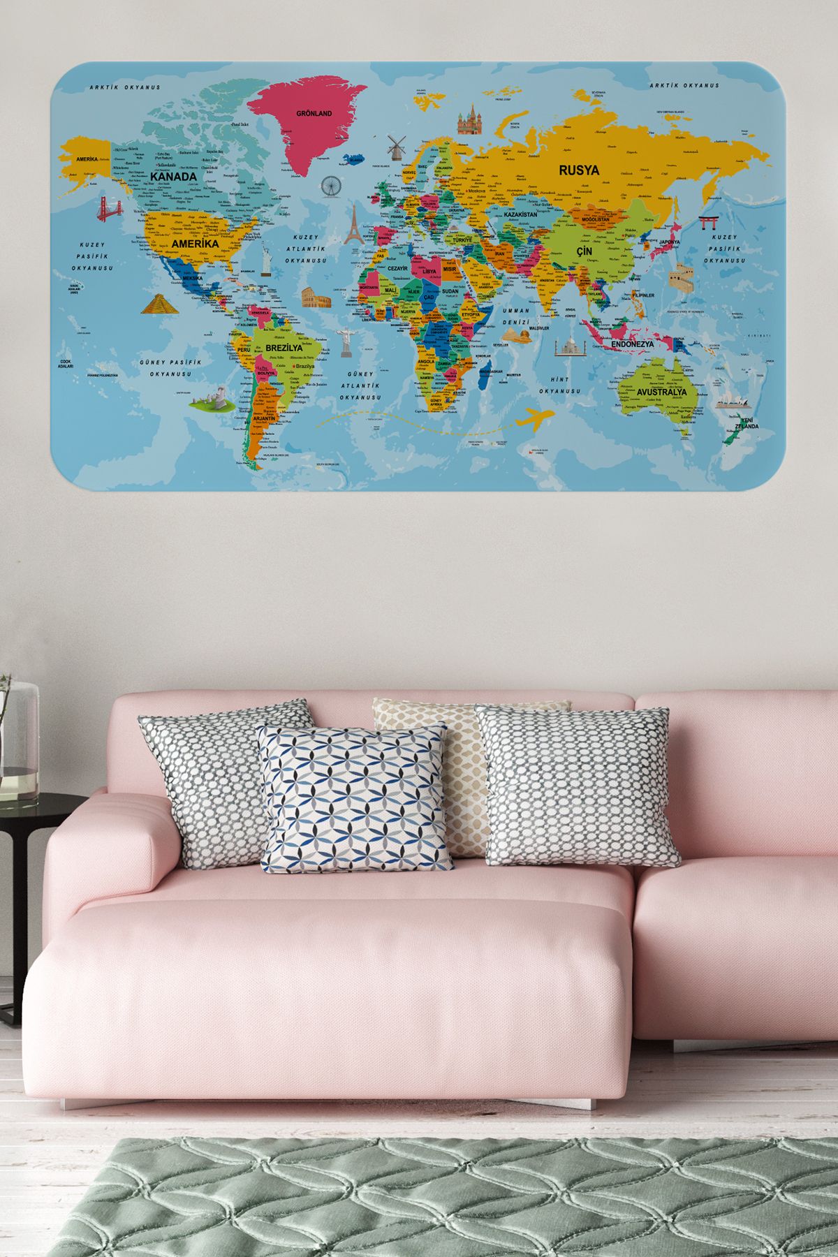Haye Collection Türkçe Eğitici Ülke ve Başkent Okyanus Detaylı Atlası Dünya Haritası Duvar Sticker -60x105-3864