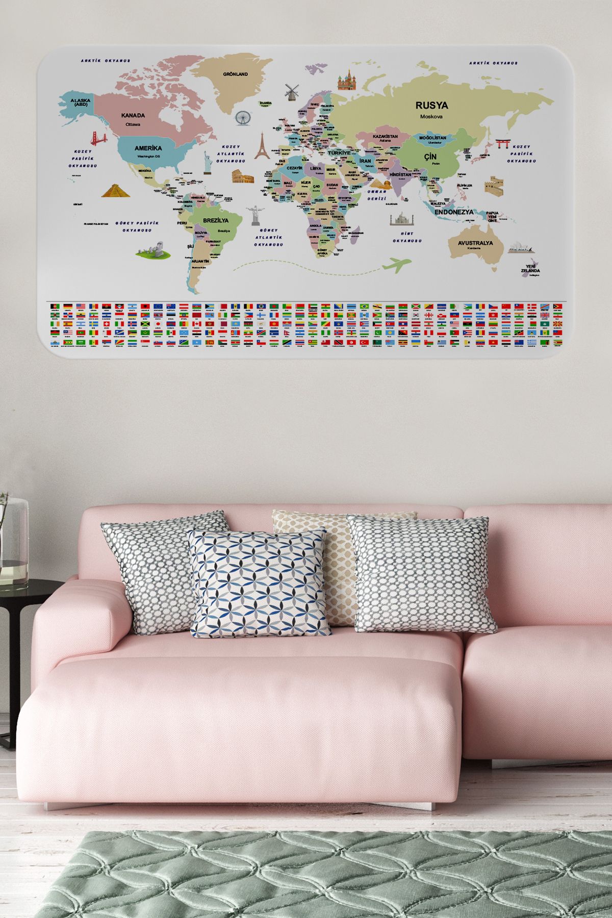 Haye Collection Türkçe Ülke Bayrak lı Eğitici Başkent Detaylı Atlası Dünya Haritası Duvar Sticker -60x105-3859